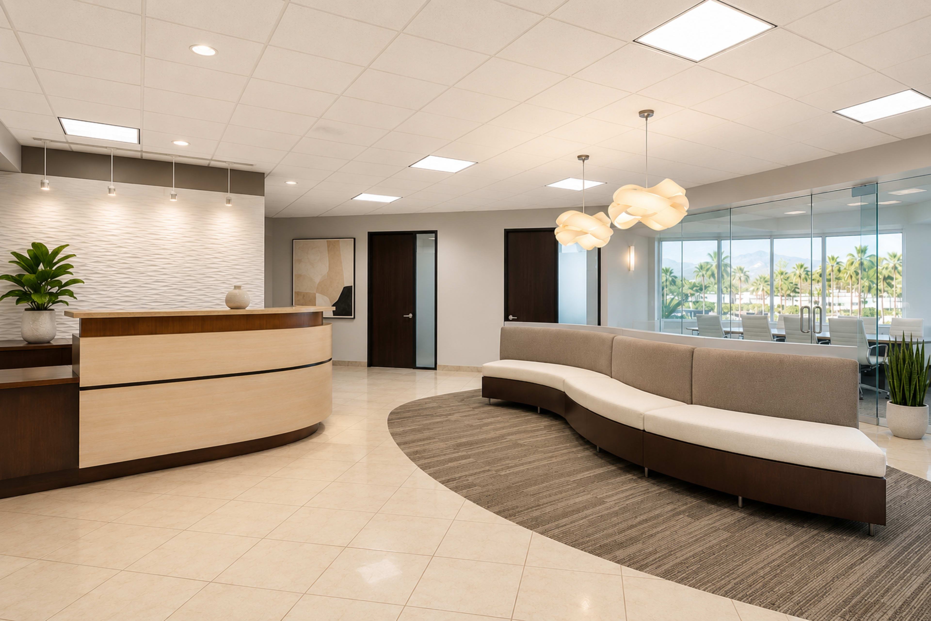 The image shows a modern reception area featuring a curved sofa, a wooden reception desk, and large windows with a view of palm trees.