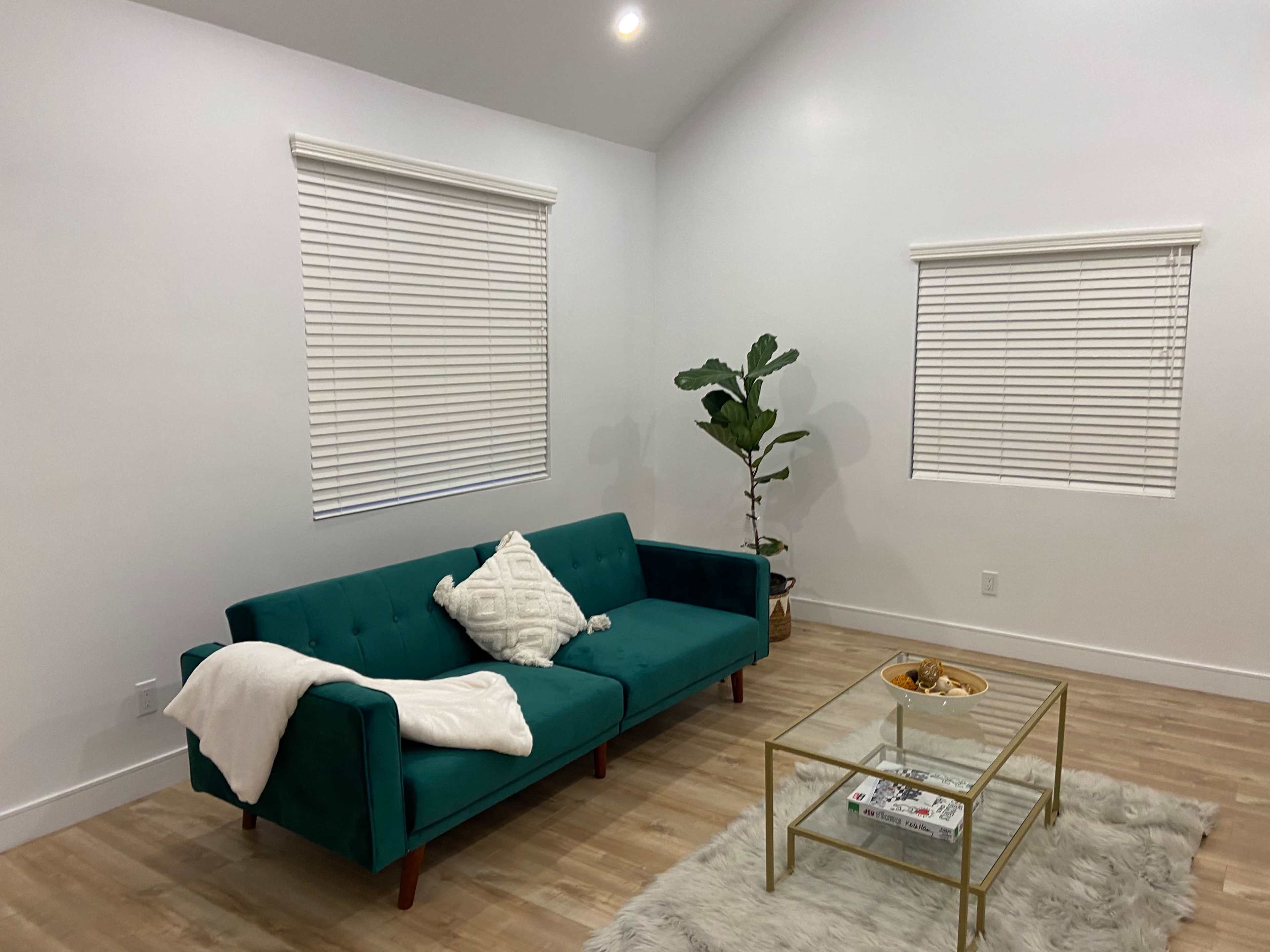 A modern living room featuring a teal couch, a glass coffee table, and a potted plant, with two windows dressed in white blinds.