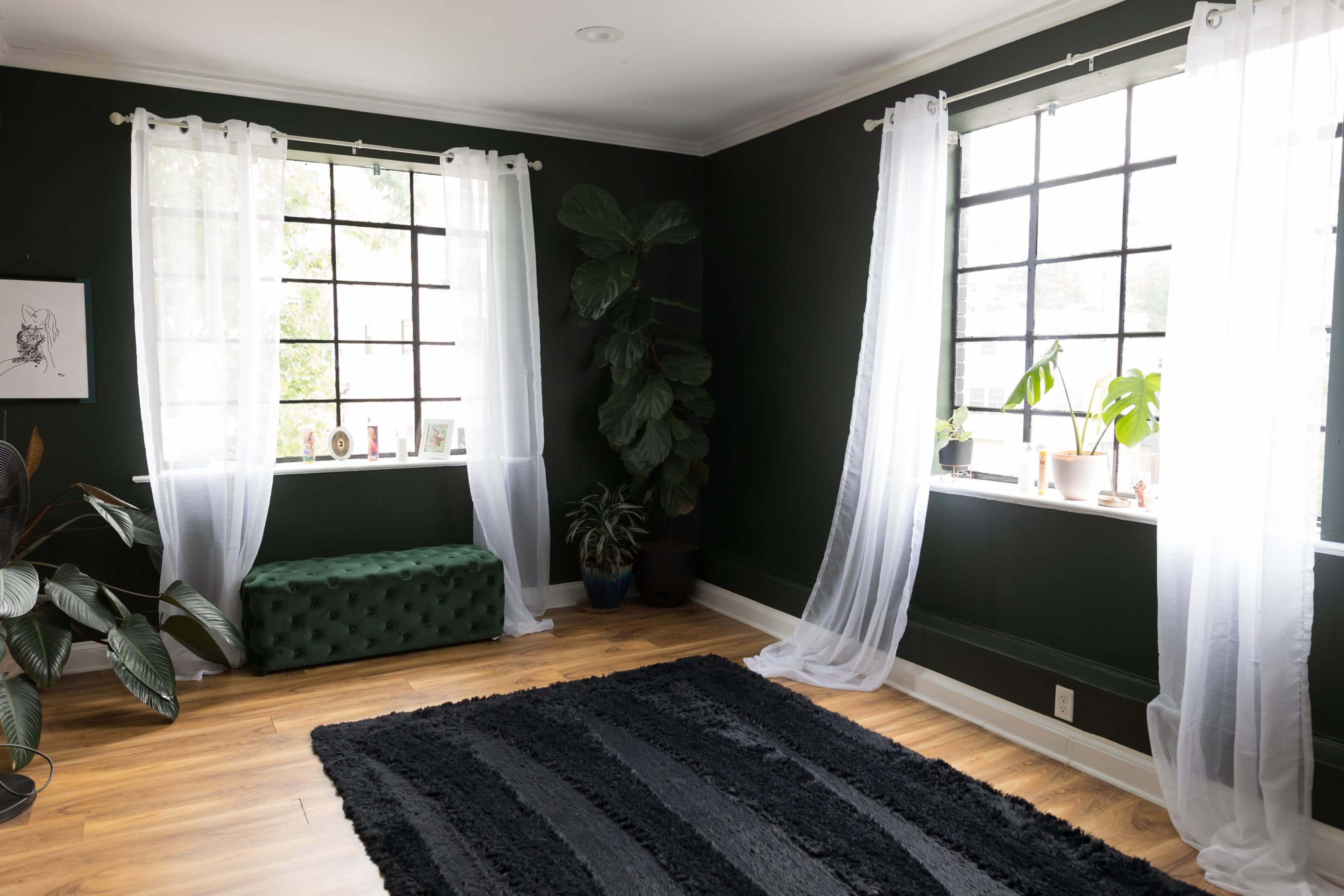 The room features dark green walls, two large windows with white sheer curtains, a tufted green bench, and a black textured rug.