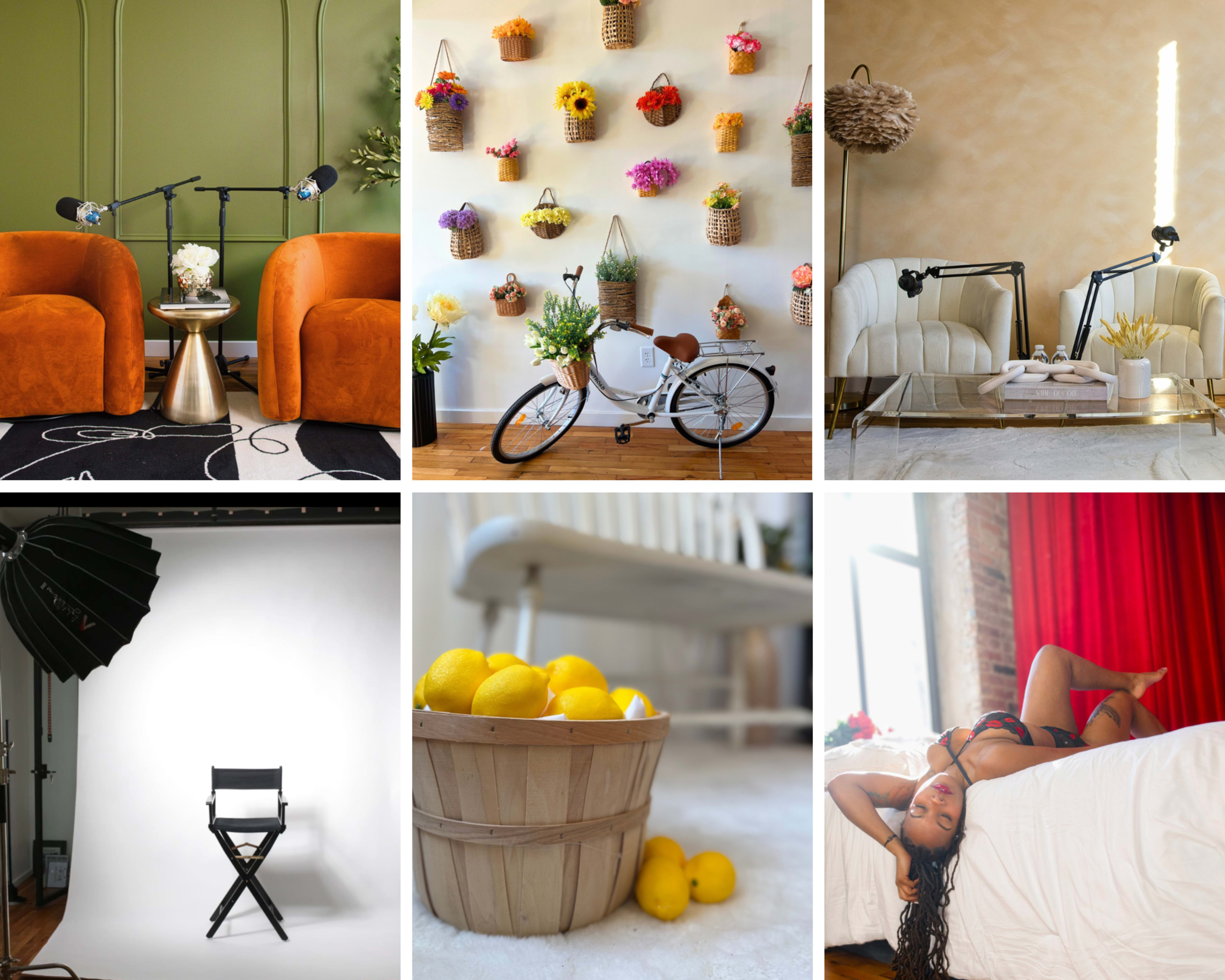 The image features a grid of six scenes showcasing various indoor setups, including two orange chairs, a wall adorned with flower baskets, a bicycle, a photography studio with backdrop, a basket of lemons, and a woman reclining on a bed.