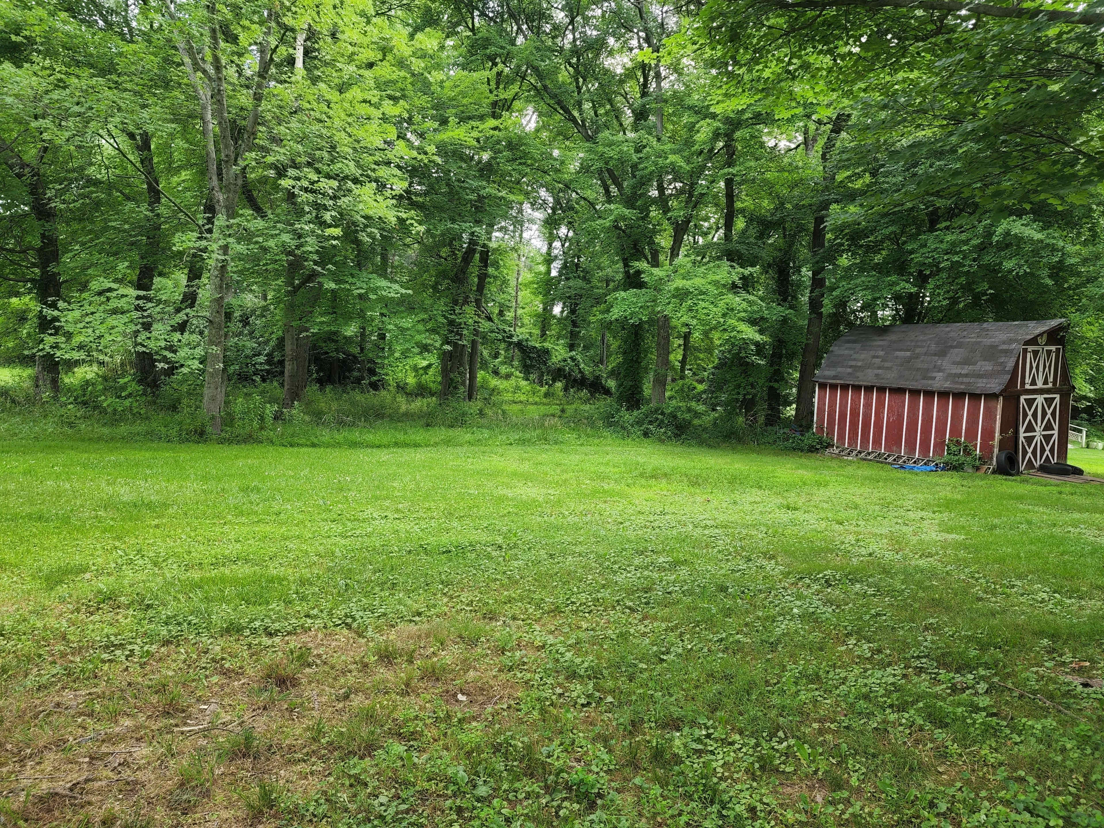 A red barn is situated next to a grassy area surrounded by dense green trees.
