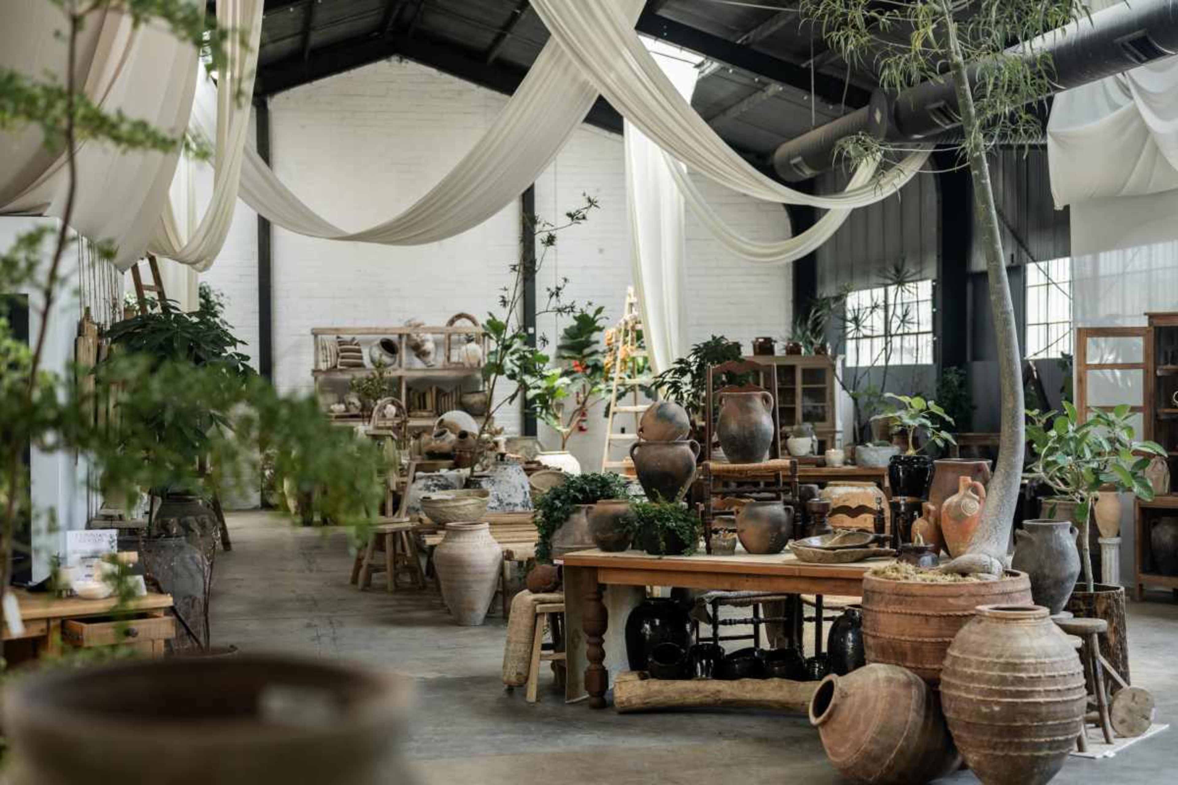 A spacious interior of a plant nursery or home decor shop featuring various potted plants, wooden furniture, and an assortment of ceramic jars and pots displayed throughout the room.