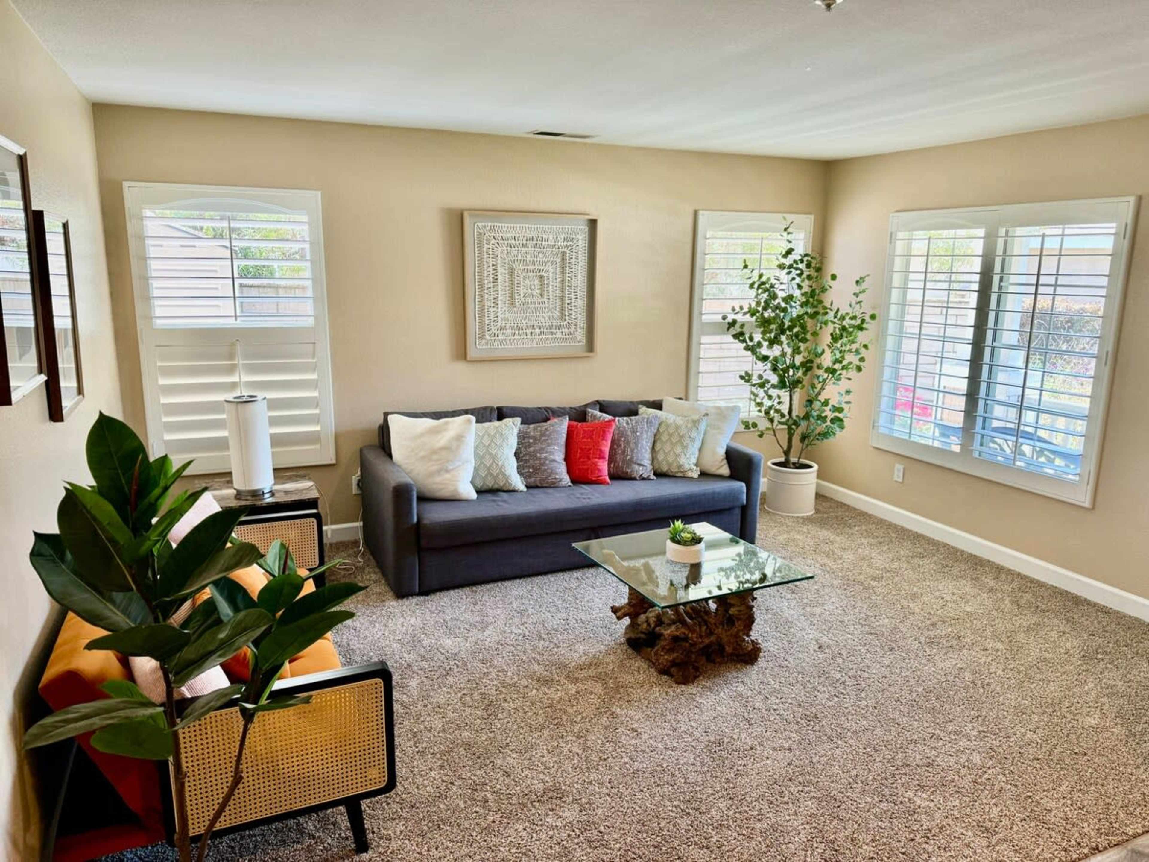 The image shows a modern living room with a gray sofa, a glass coffee table, and decorative plants near window shutters.