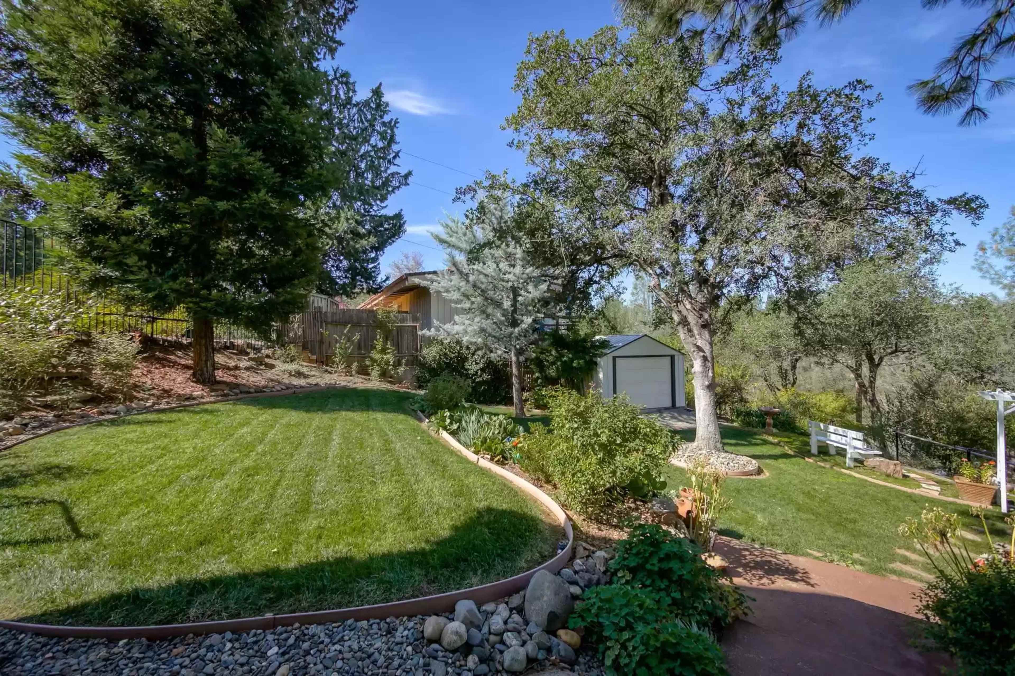A landscaped backyard with a curved lawn, various trees, and a small shed in the background.