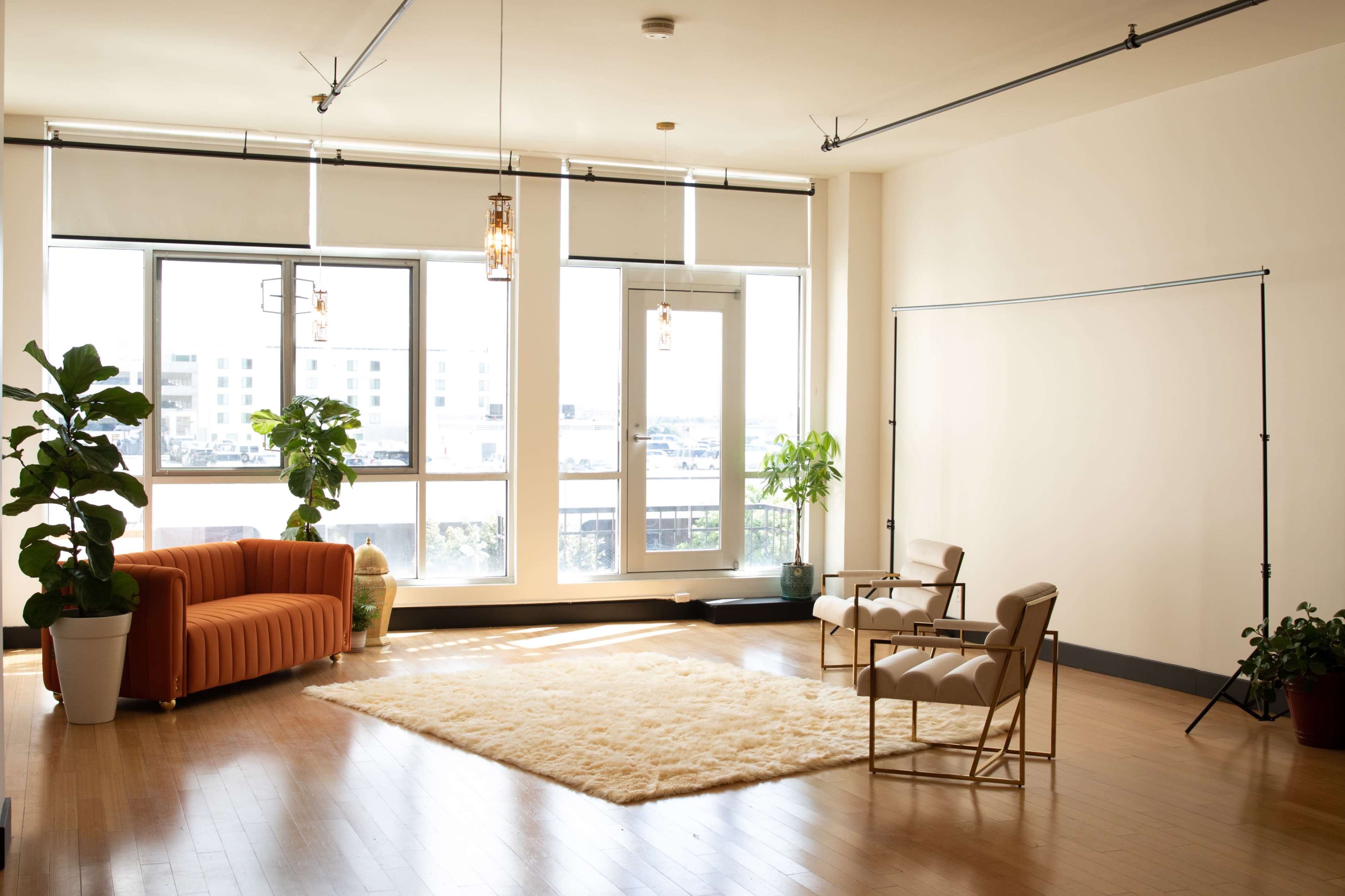 A bright, minimalistic living space features a striped orange sofa, two chairs, a large area rug, and potted plants, with large windows allowing natural light to fill the room.