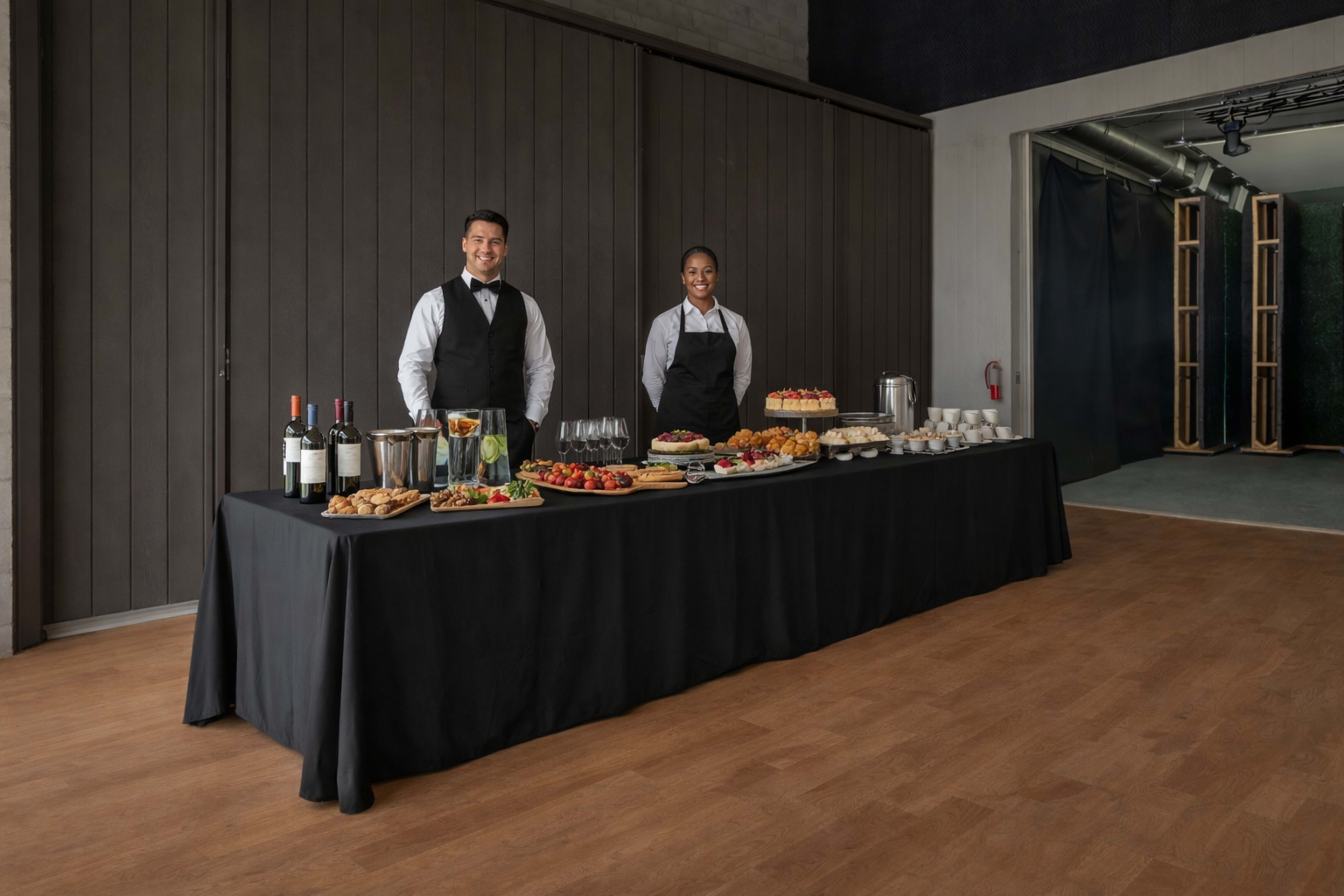 A buffet table is set up with various food and drink items, while two servers stand smiling at the front.