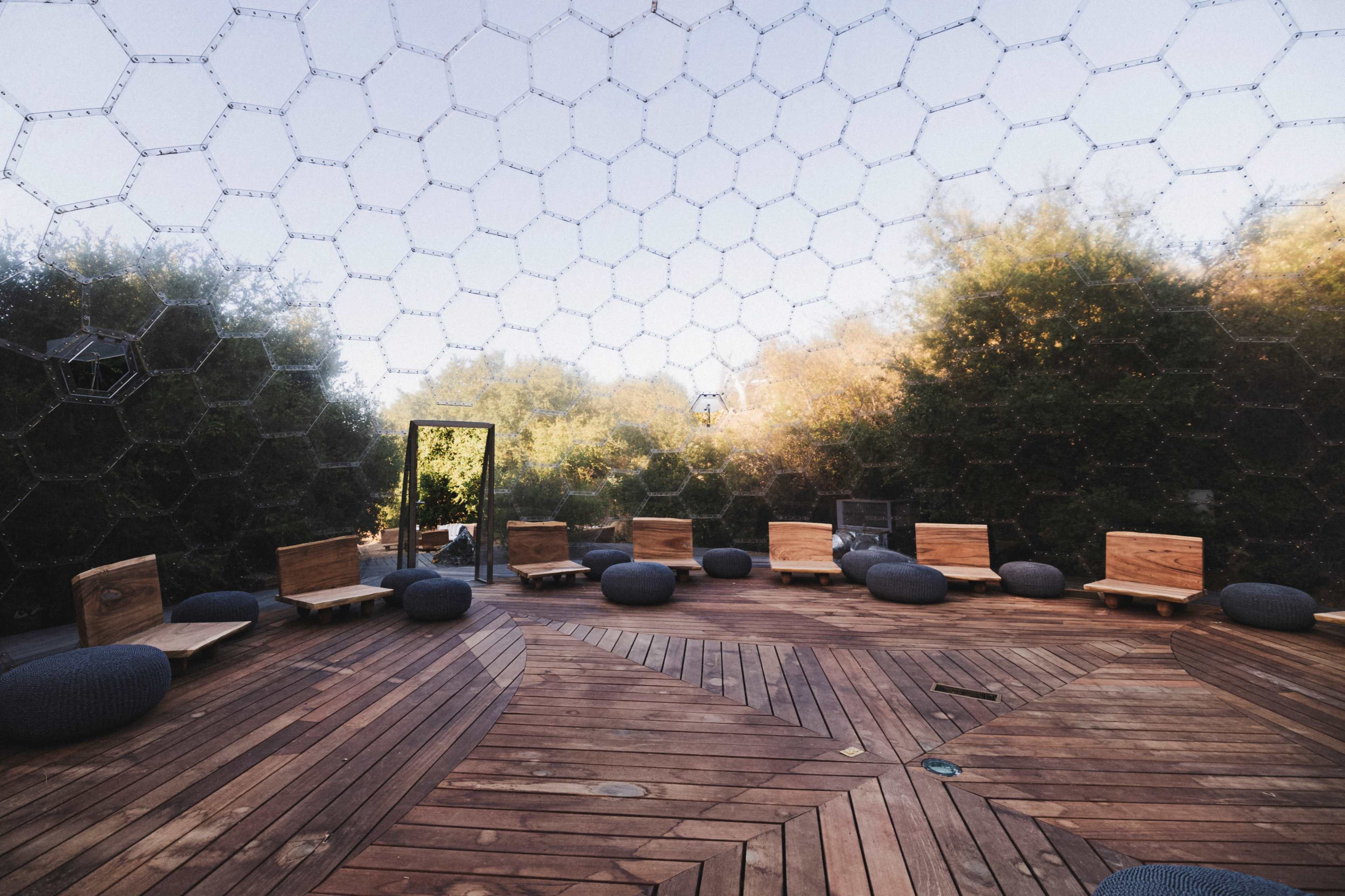 A wooden interior with circular seating areas surrounded by greenery, all beneath a hexagonal glass dome.