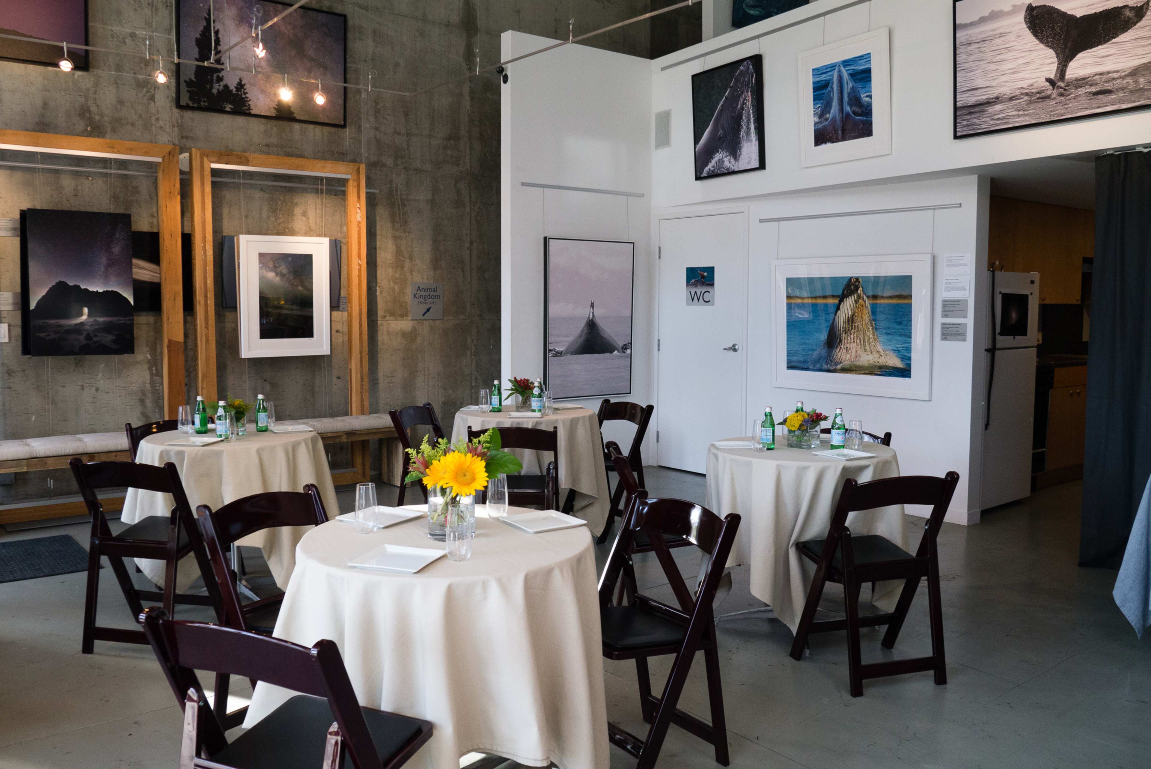 The interior of the gallery features several round tables with light-colored tablecloths, surrounded by chairs, and adorned with vases of flowers, alongside framed photographs displayed on concrete walls.