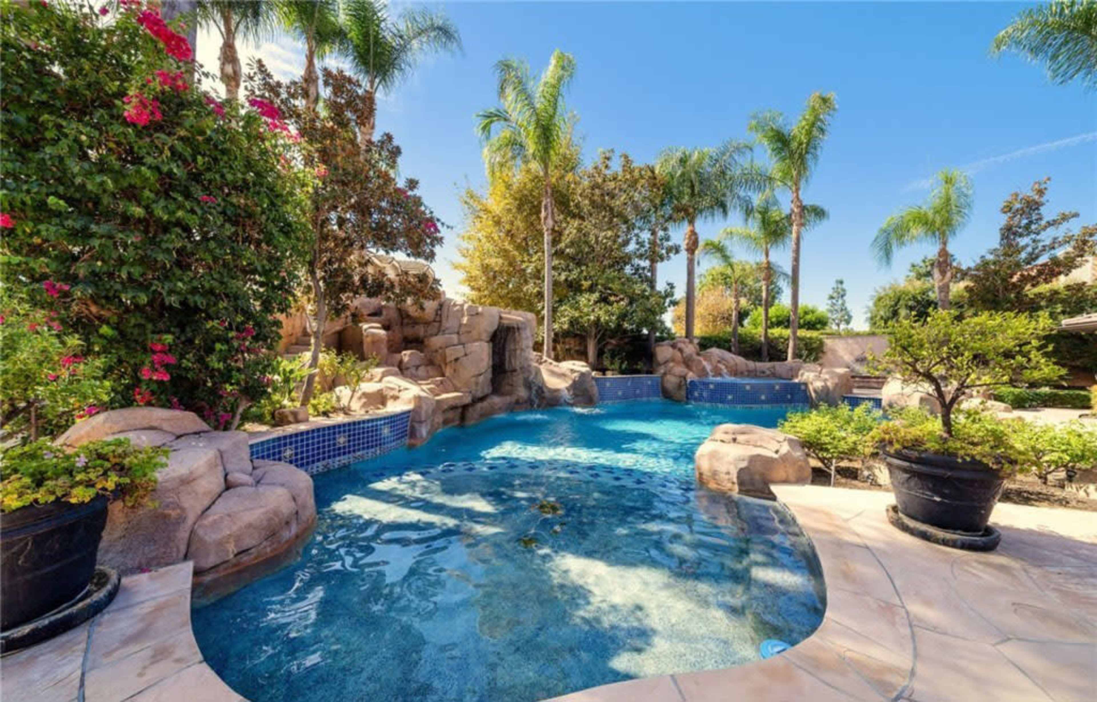 A backyard features a natural stone pool surrounded by palm trees and vibrant flowering plants.