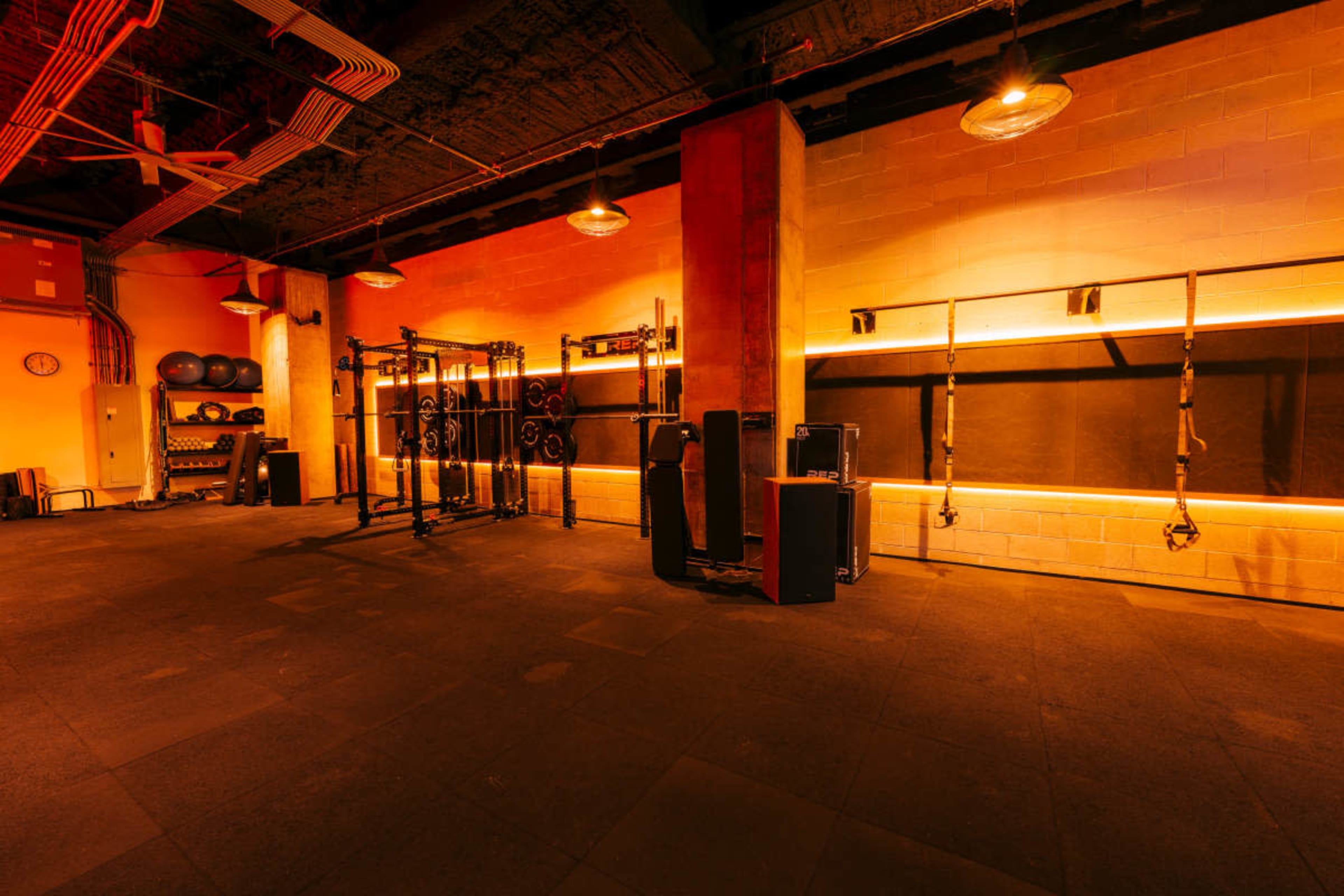 The image shows a dimly lit gym interior with exercise equipment, including weight racks and suspension trainers, along one wall.