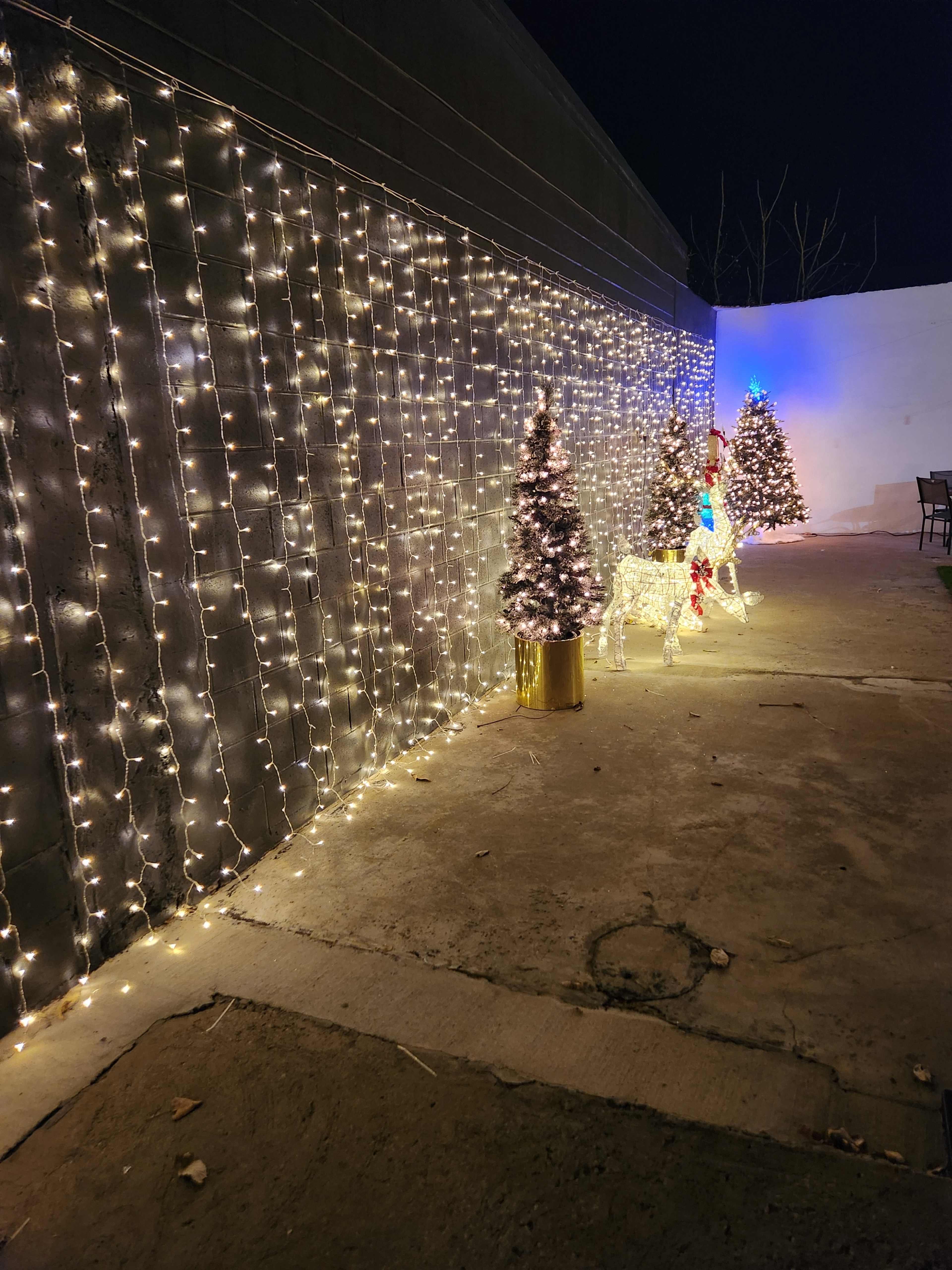 The scene features a dimly lit outdoor area with a wall adorned by string lights, two decorated Christmas trees, and a light-up reindeer display.
