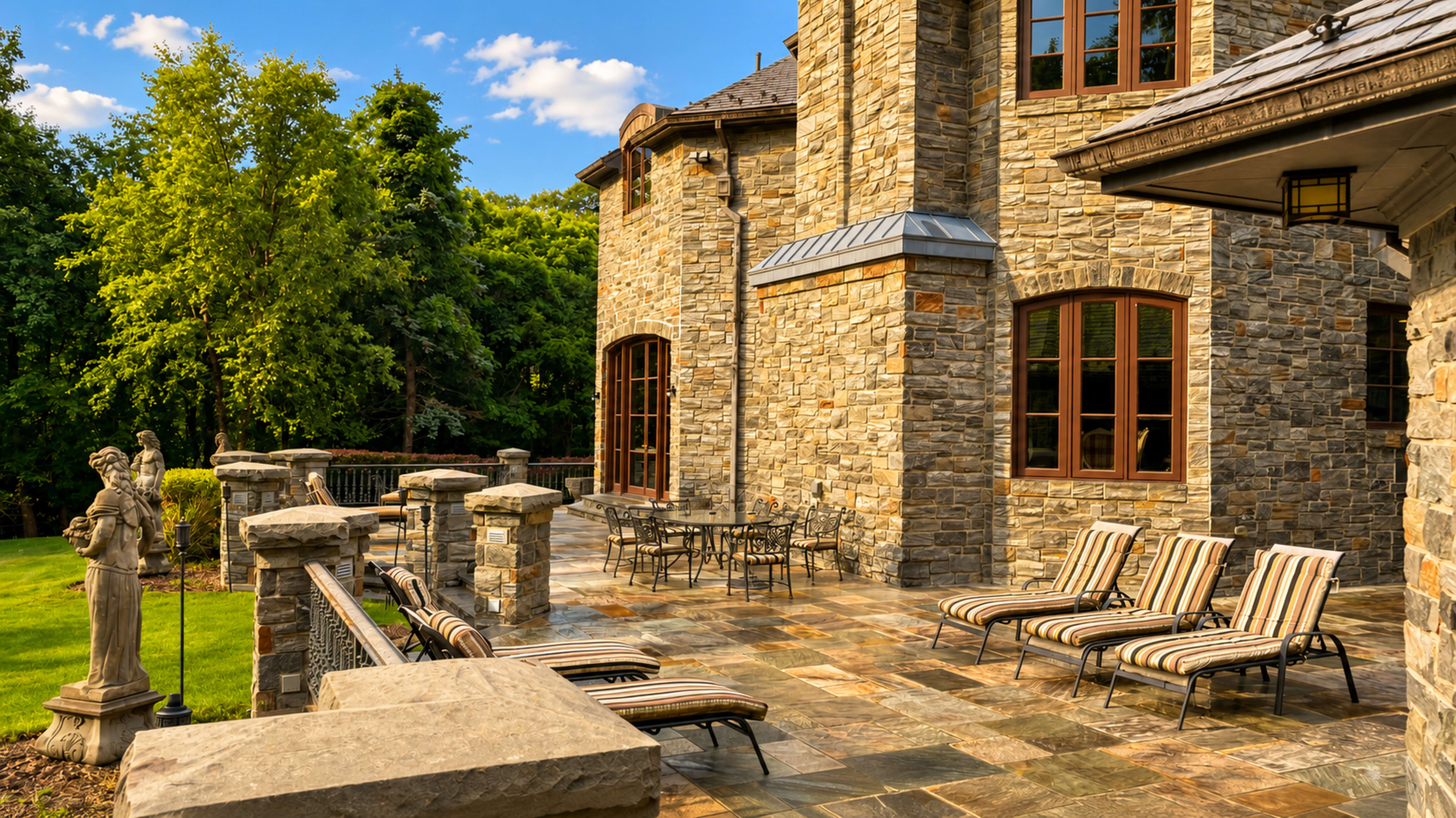 The image shows a spacious stone patio with striped lounge chairs and a dining area, surrounded by greenery and features a statue nearby.