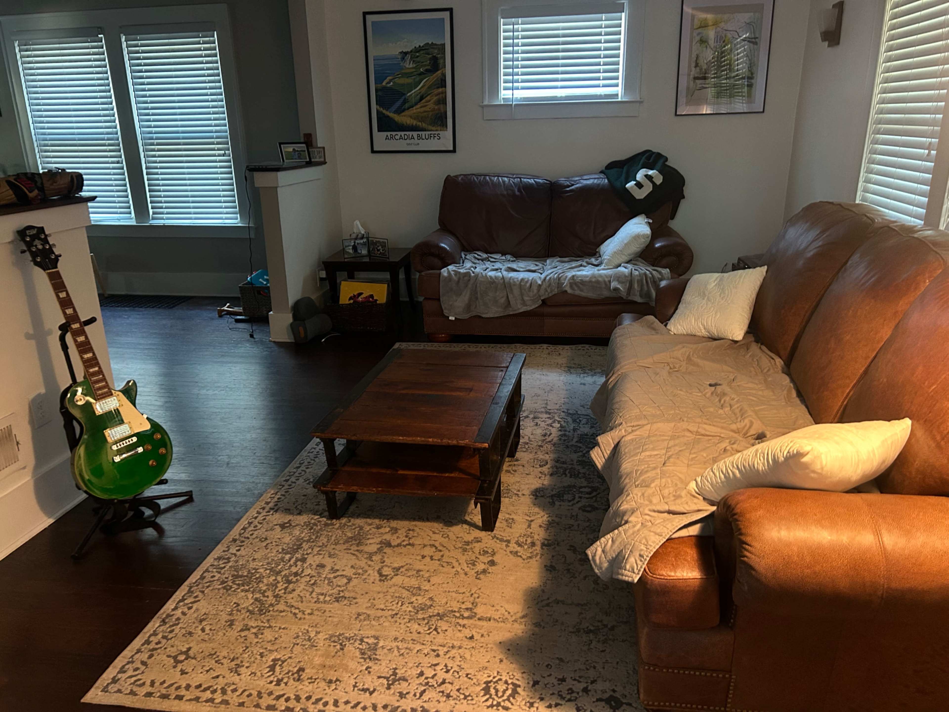 The living room features a brown leather sofa, a coffee table, a guitar leaning against the wall, and a light-colored rug on wooden flooring.