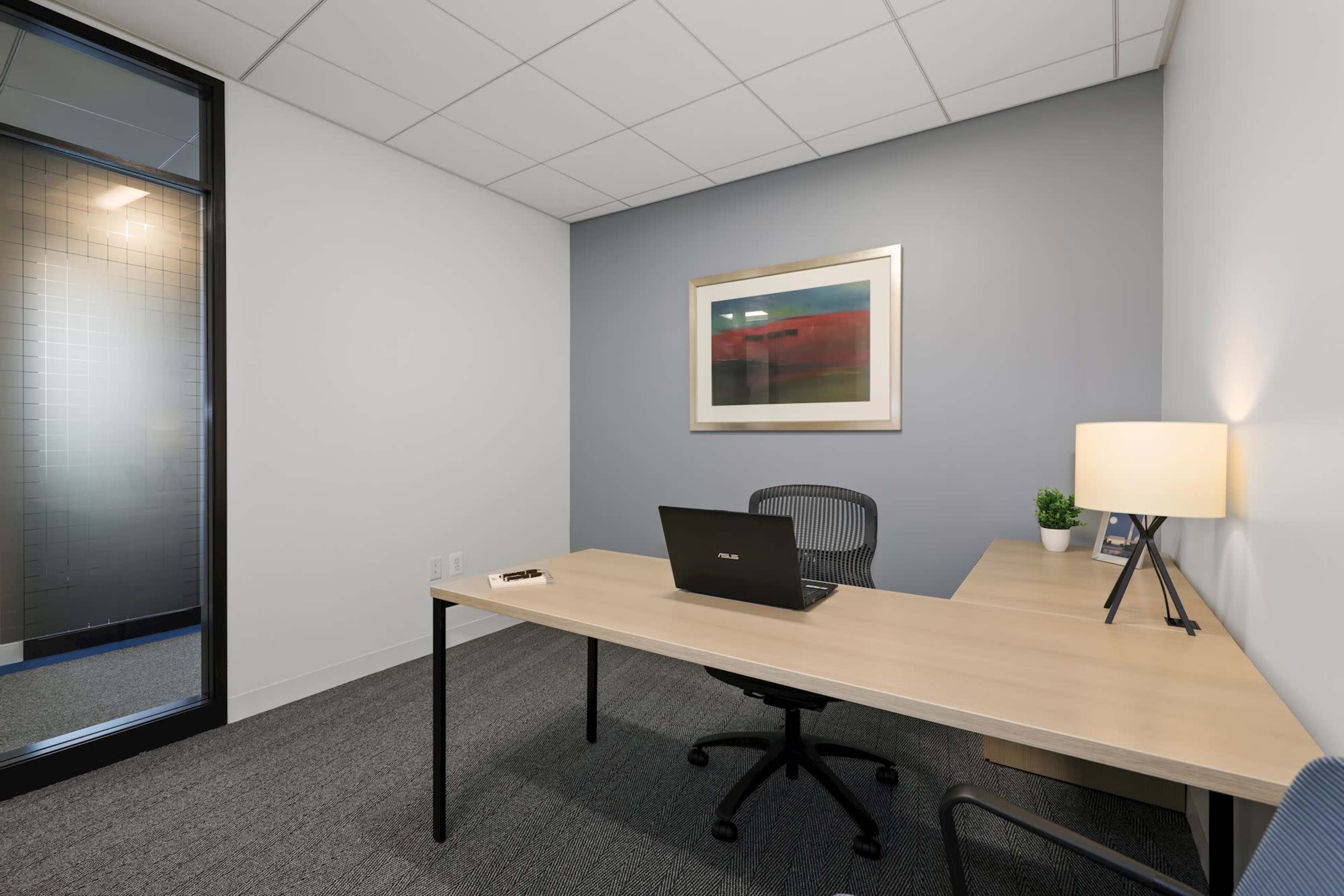 A minimalistic office space featuring a desk with a laptop, a chair, a lamp, and a plant against a gray wall.