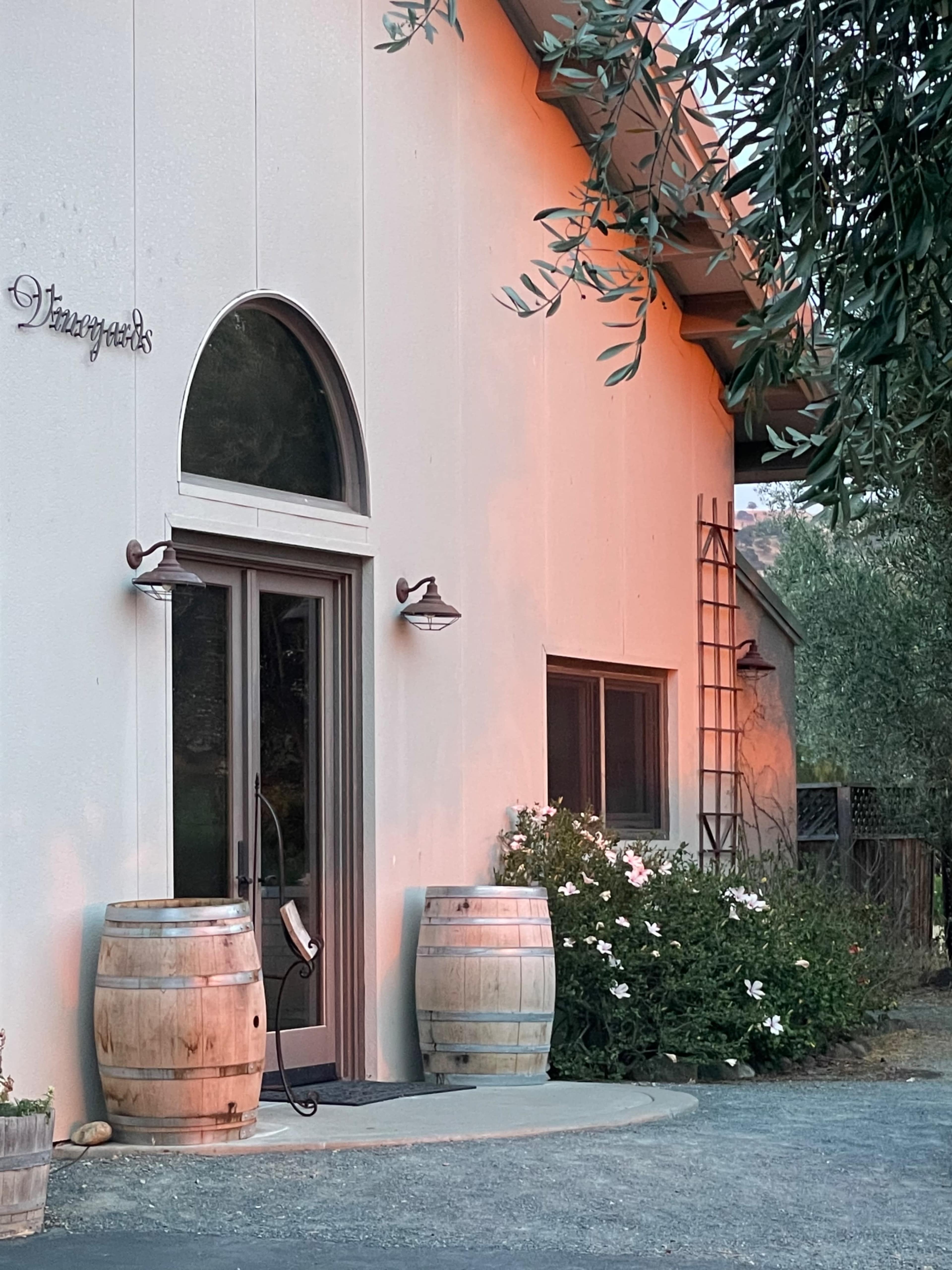 A modern building with large windows is flanked by two wooden barrels and white flowers in front.