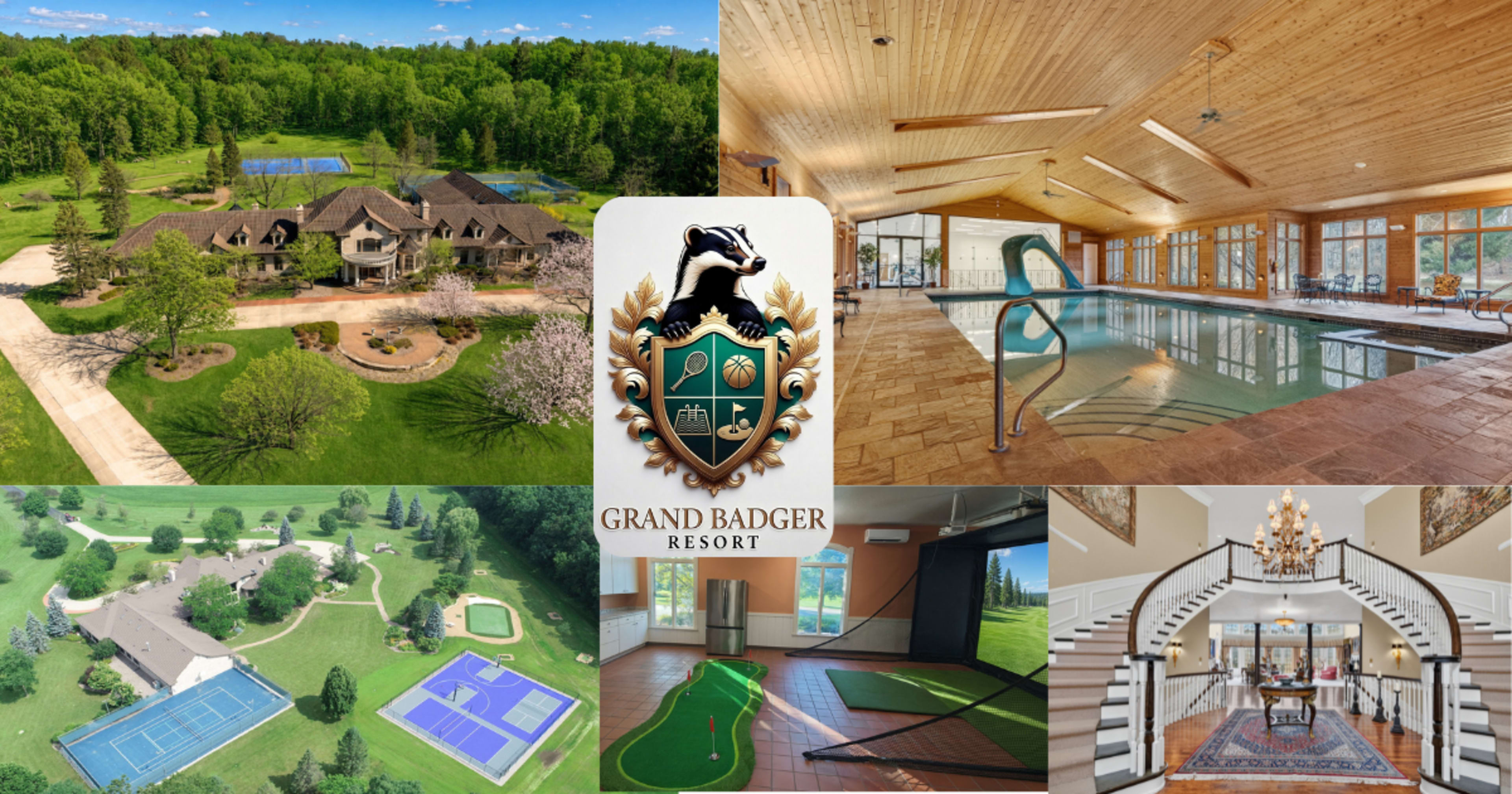 The image features a collage of the Grand Badger Resort, showcasing its expansive outdoor grounds, indoor pool area, and various recreational facilities such as tennis courts and a golf putting green.