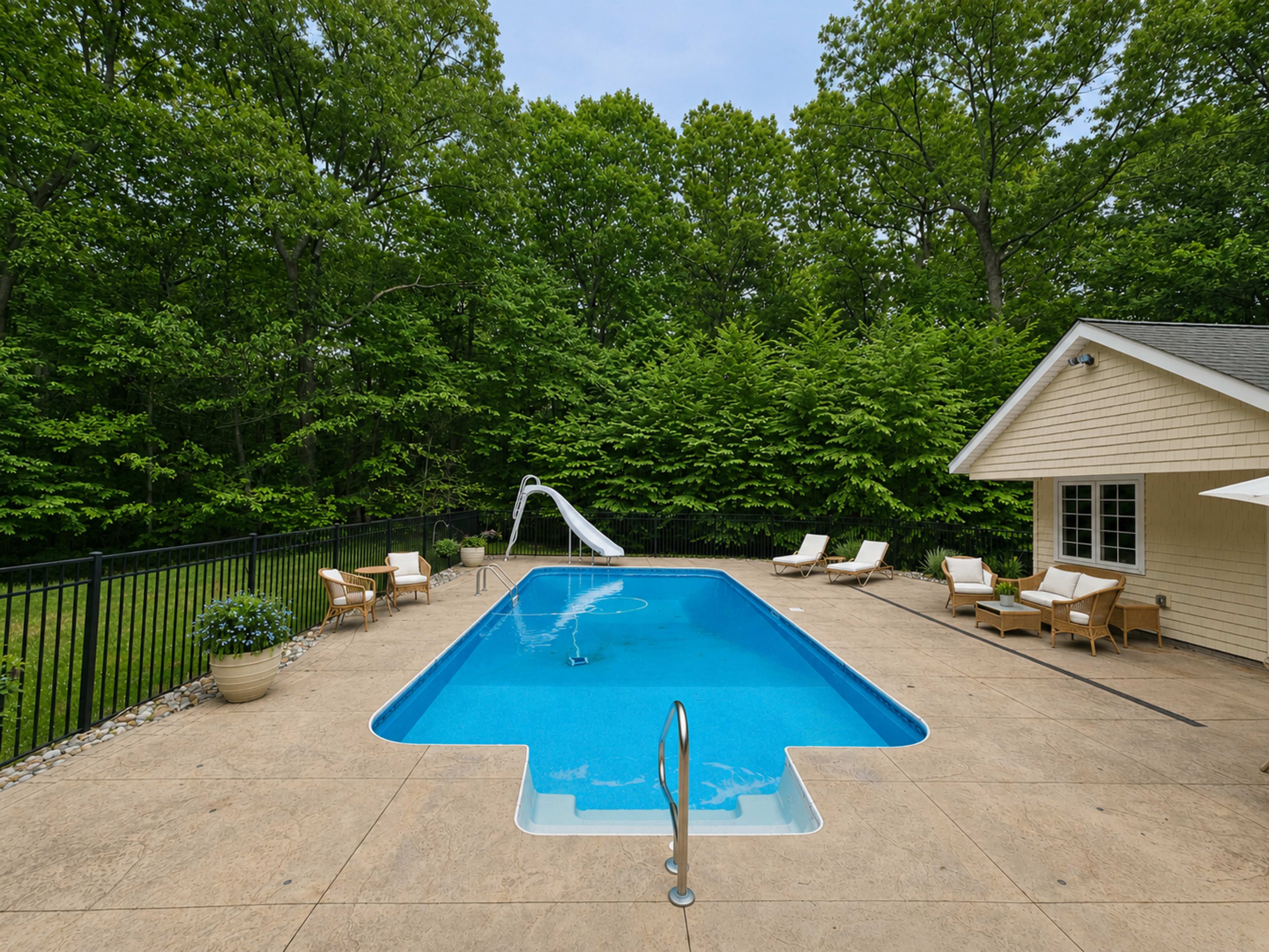 The image shows a rectangular swimming pool with a slide surrounded by a concrete patio, lounge chairs, and a house partially visible in the background.