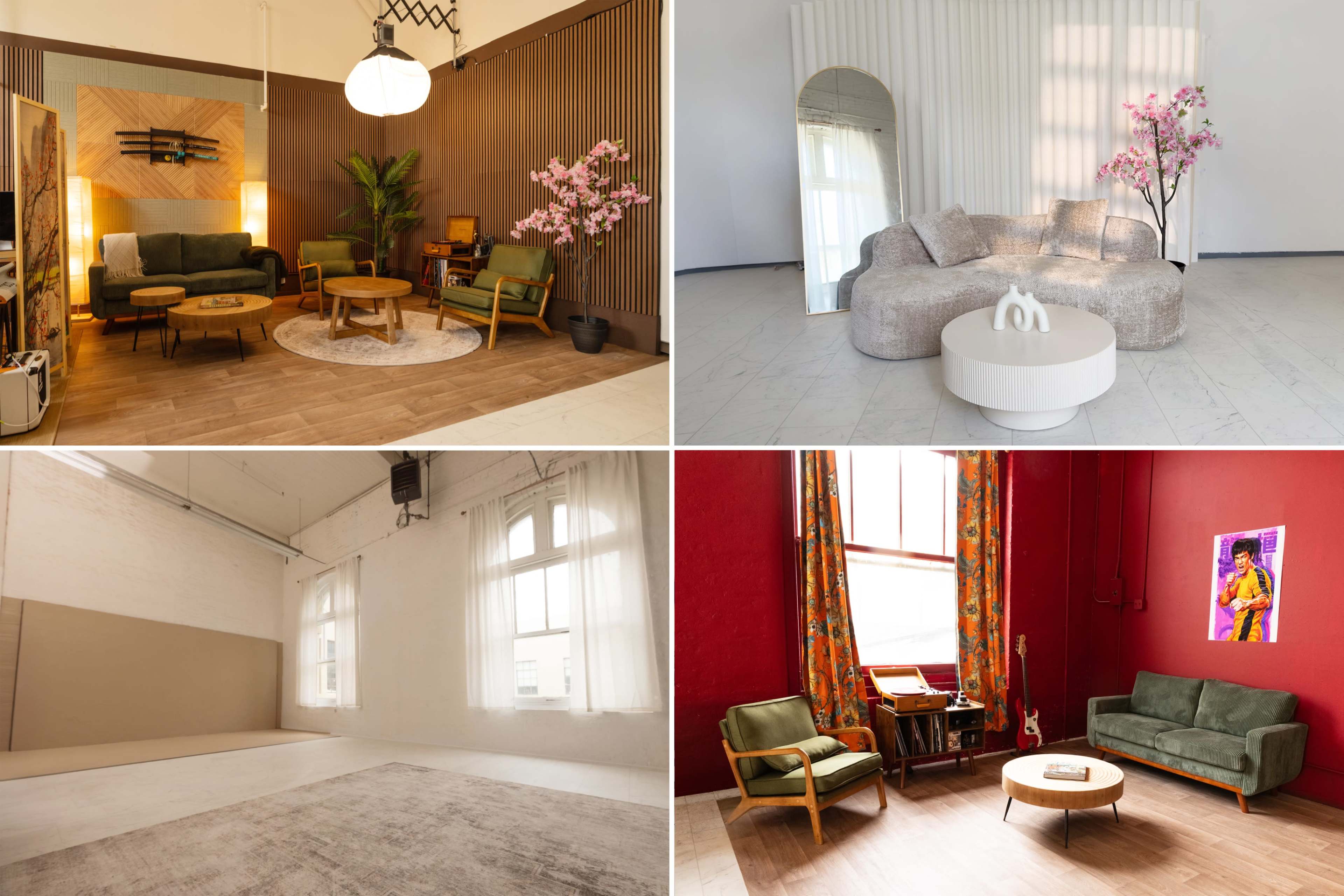 The image showcases four distinct interior spaces featuring various furniture arrangements, decorative elements, and color schemes.