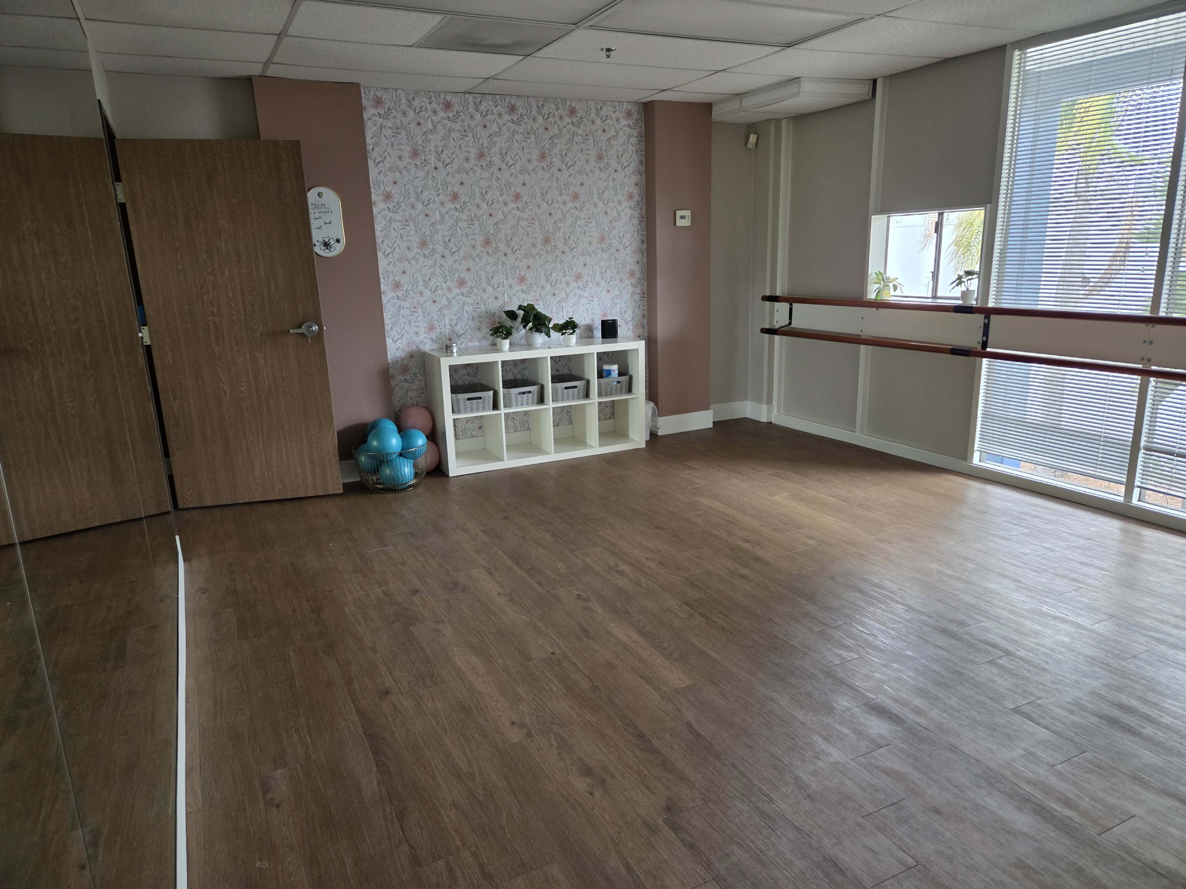 The image shows a spacious room with light wood flooring, a mirrored wall, a set of exercise balls in one corner, and a white shelving unit filled with storage boxes.