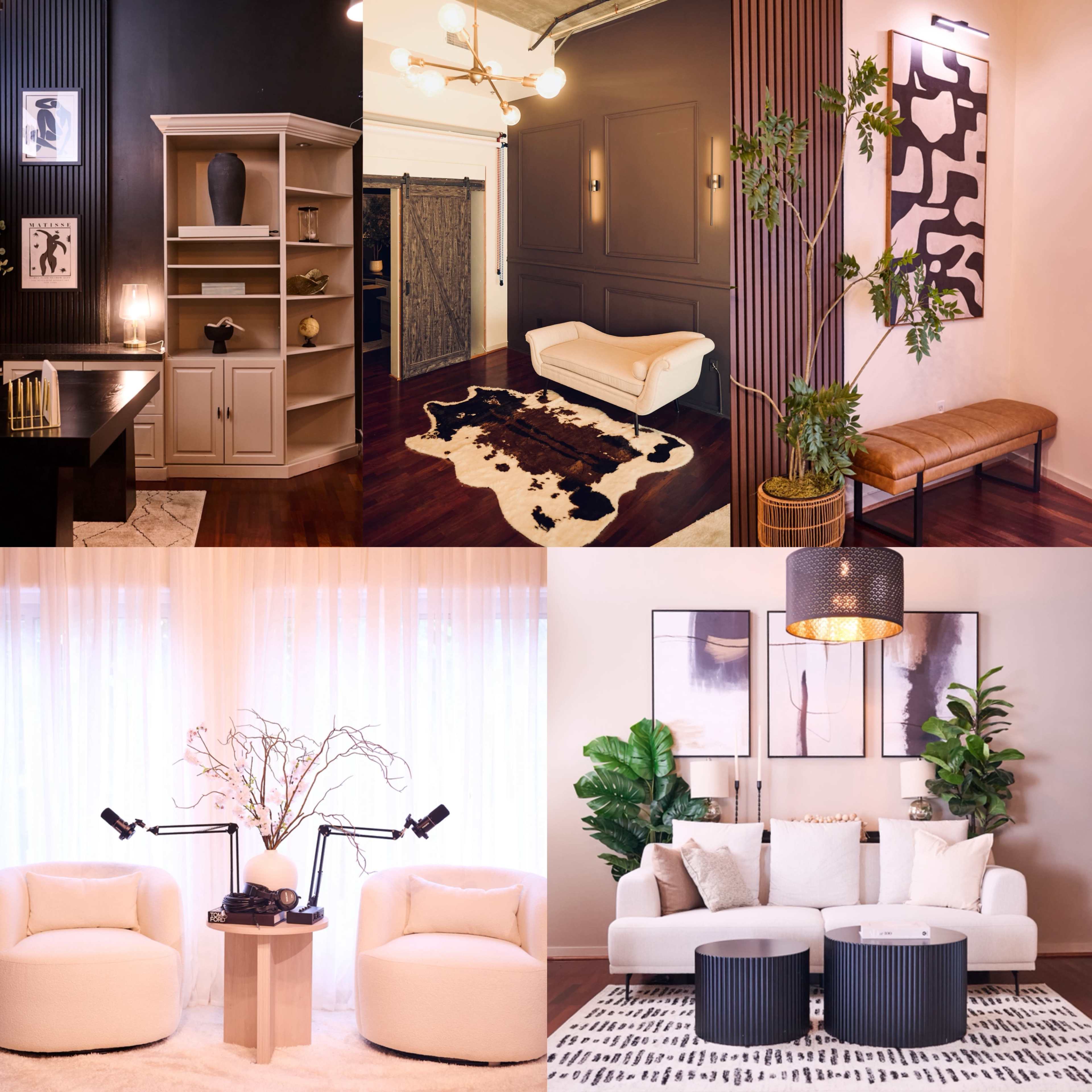 The image showcases four distinct interiors featuring modern furniture, decorative elements, and various layouts in neutral tones.