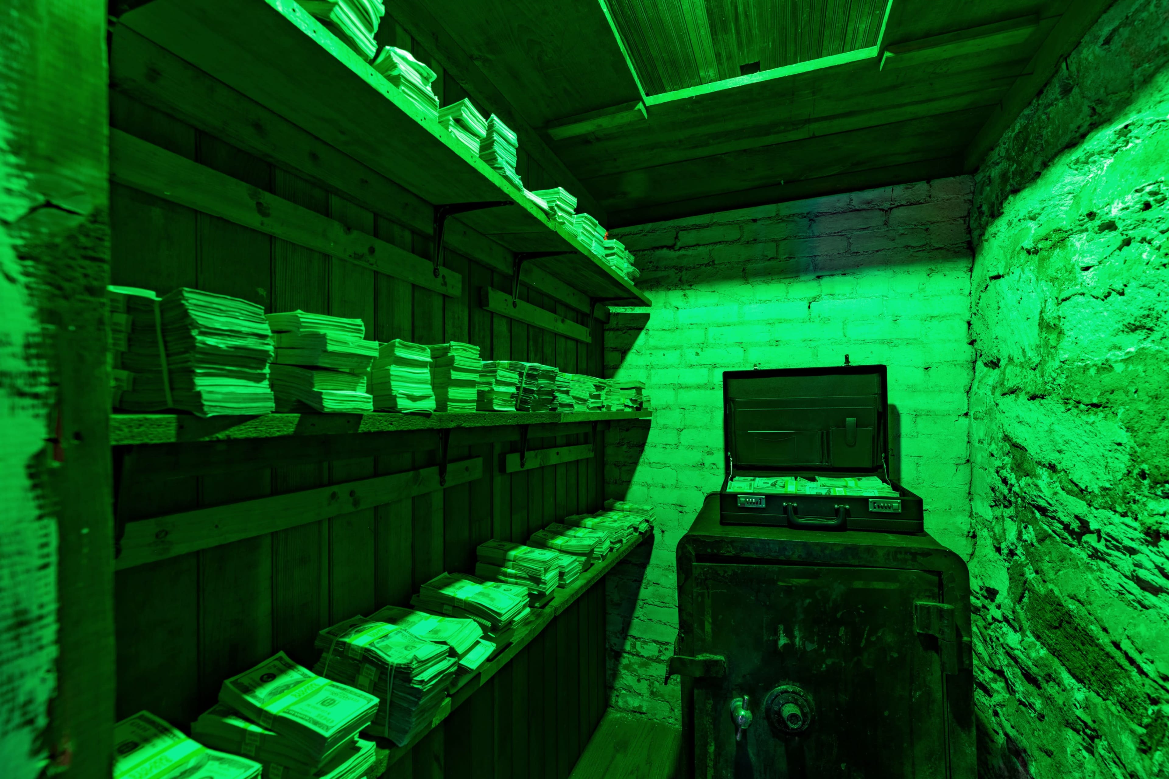 A dimly lit room featuring shelves lined with stacks of cash and an old safe against a brick wall.