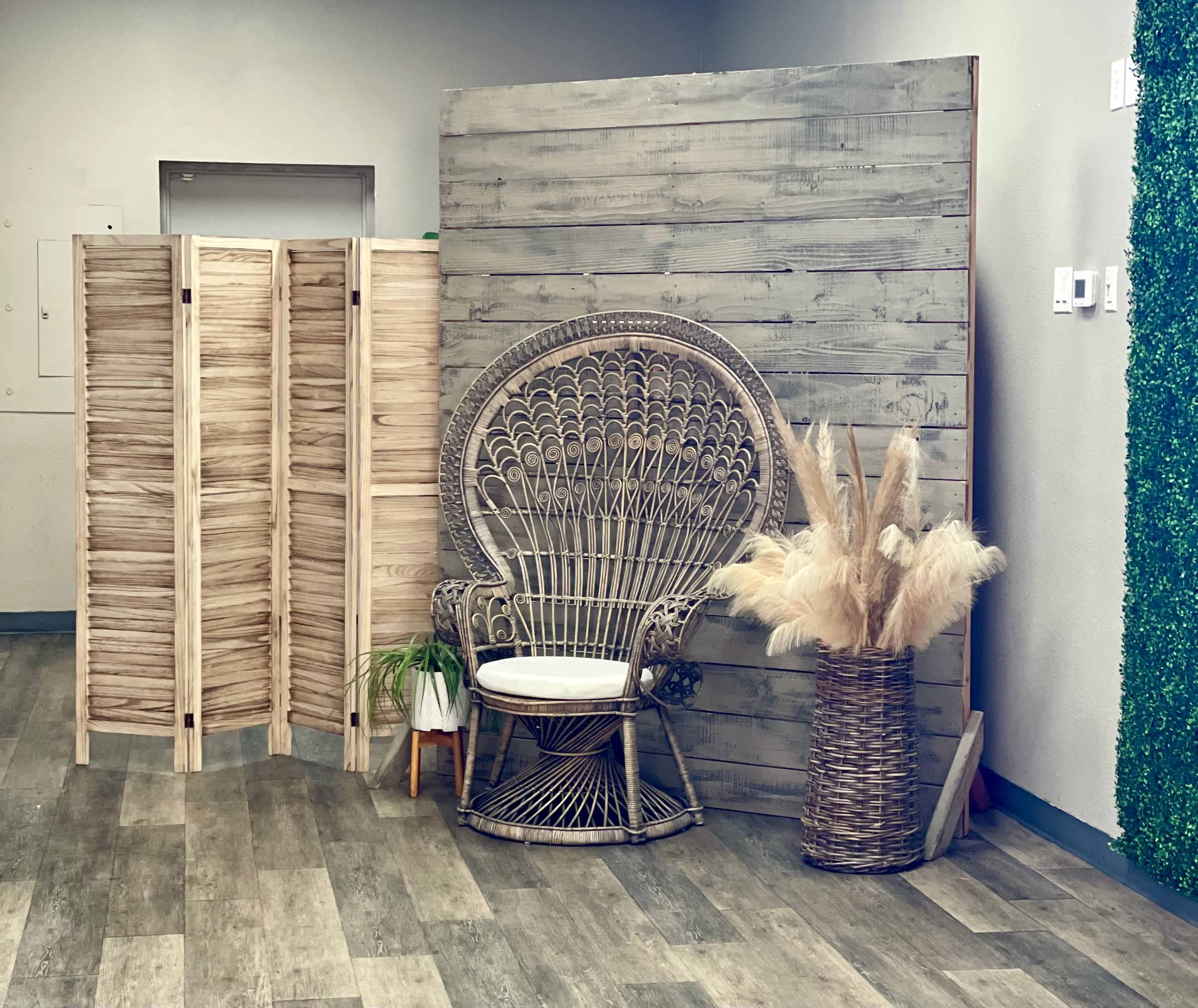 The image shows a minimalist interior space featuring a peacock chair, a potted plant, a woven basket, and a decorative folding screen against a textured wall.