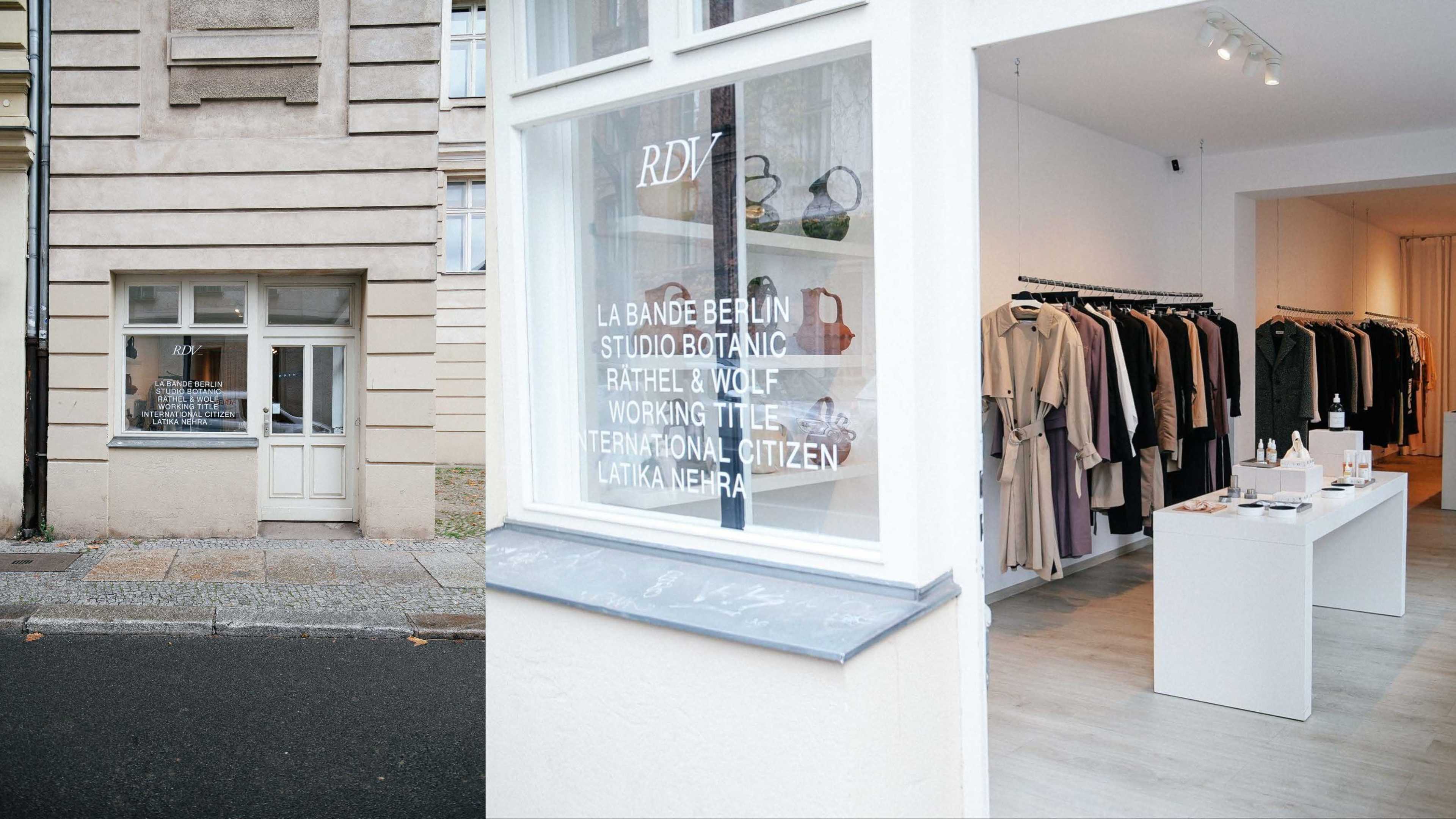The image shows the exterior of a boutique storefront with large windows displaying various clothing items and a sign indicating the shop's name and other brands.