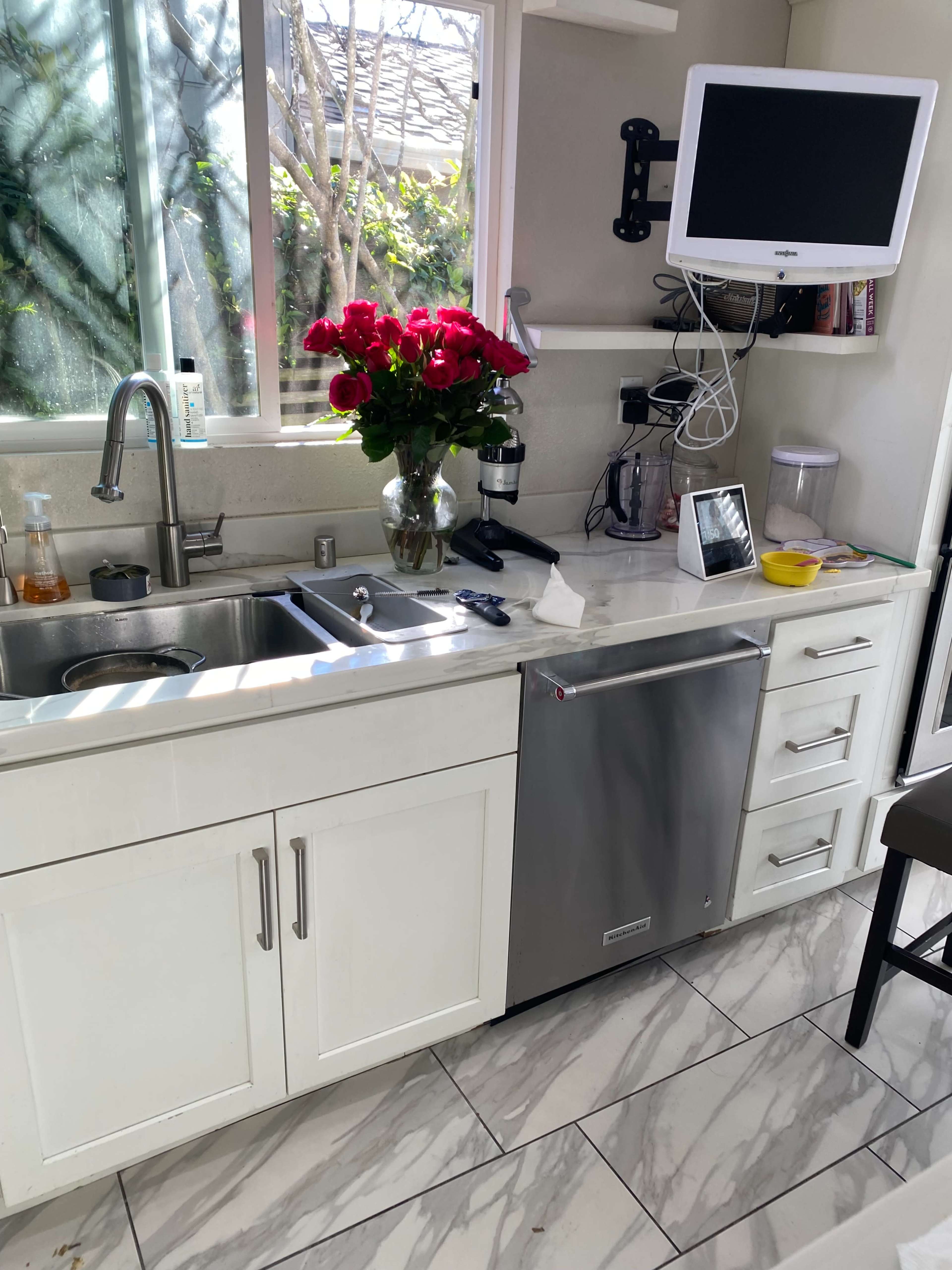 A kitchen with a stainless steel dishwasher, a sink, a countertop, and a vase of red roses on display, along with a mounted television and various appliances.