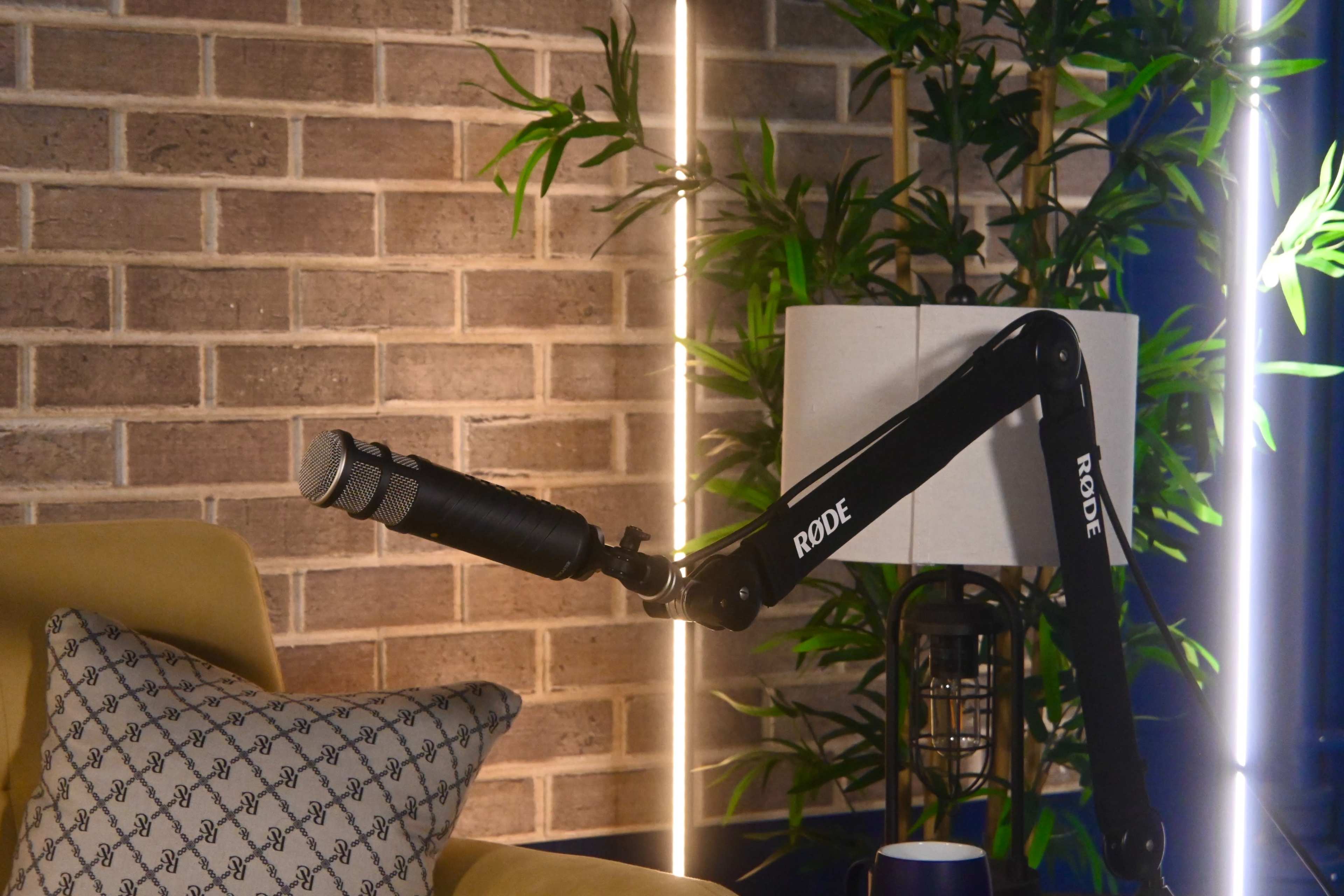 A black microphone is mounted on an adjustable arm beside a decorative lamp and lush green plants against a brick wall.
