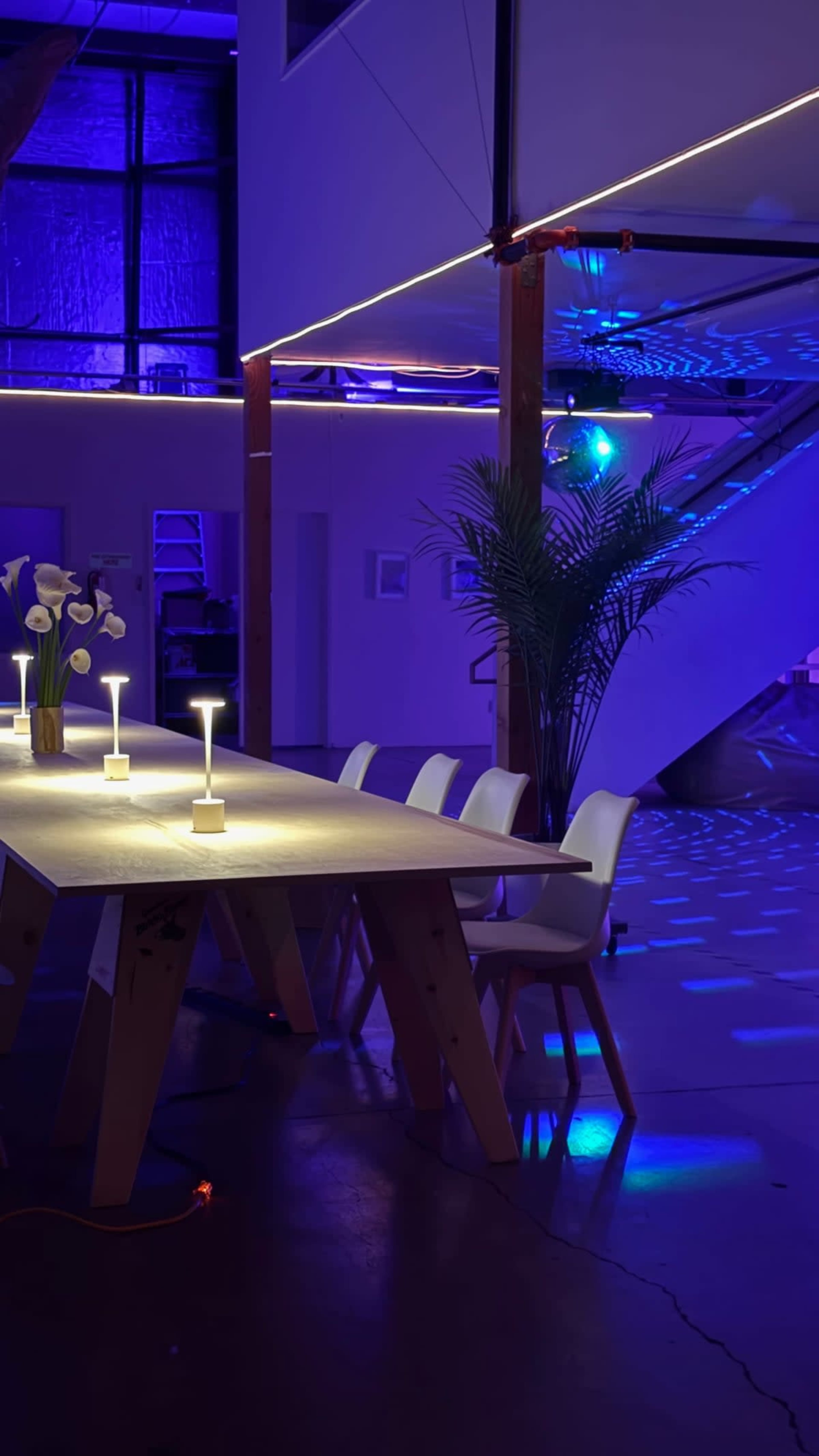 A well-lit table with modern chairs is set in a room featuring purple lighting and decorative plants, with a staircase visible in the background.