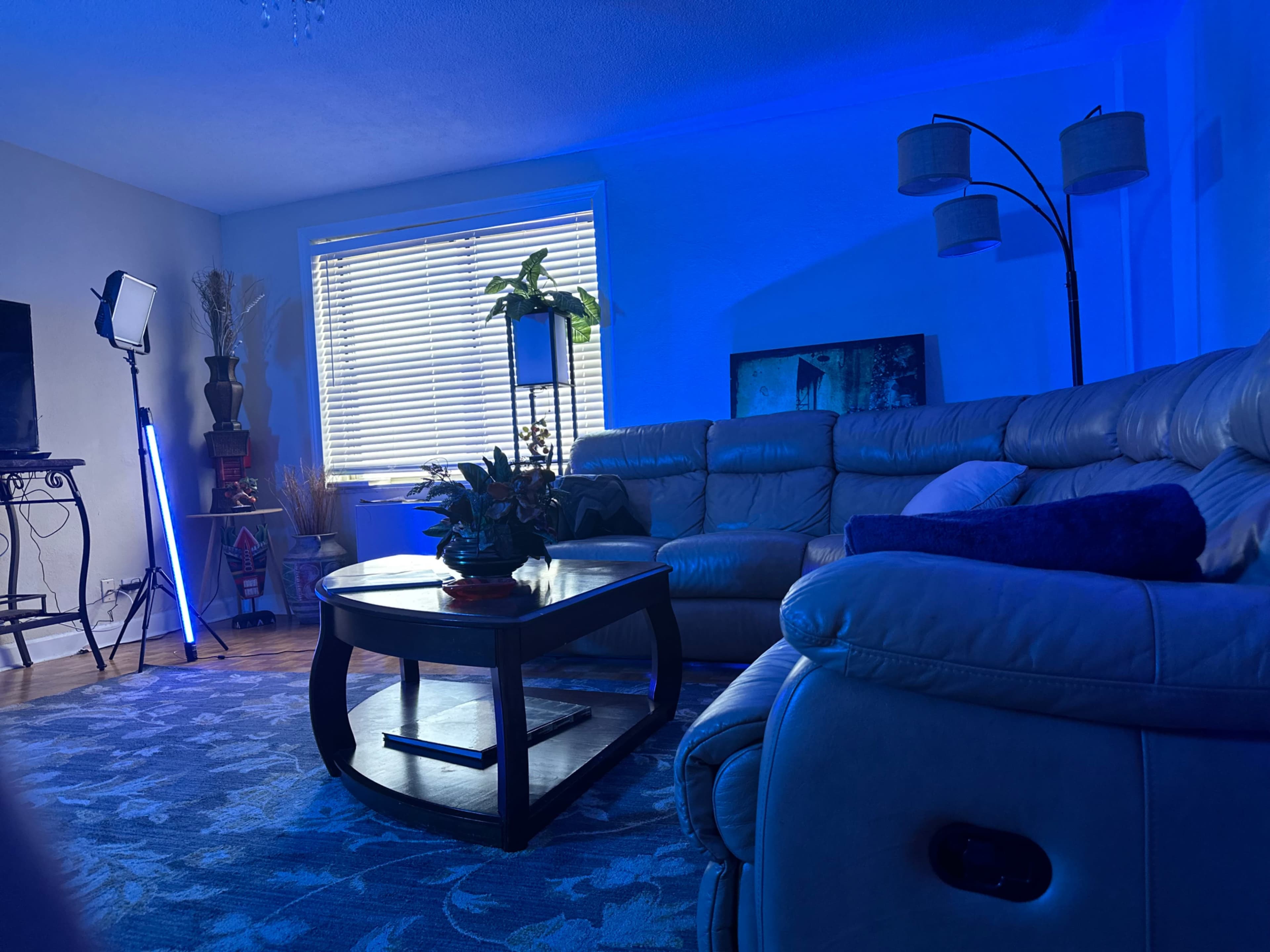The image shows a living room illuminated in blue light, featuring a leather sectional sofa, a coffee table with plants, and a tall lamp beside a window.