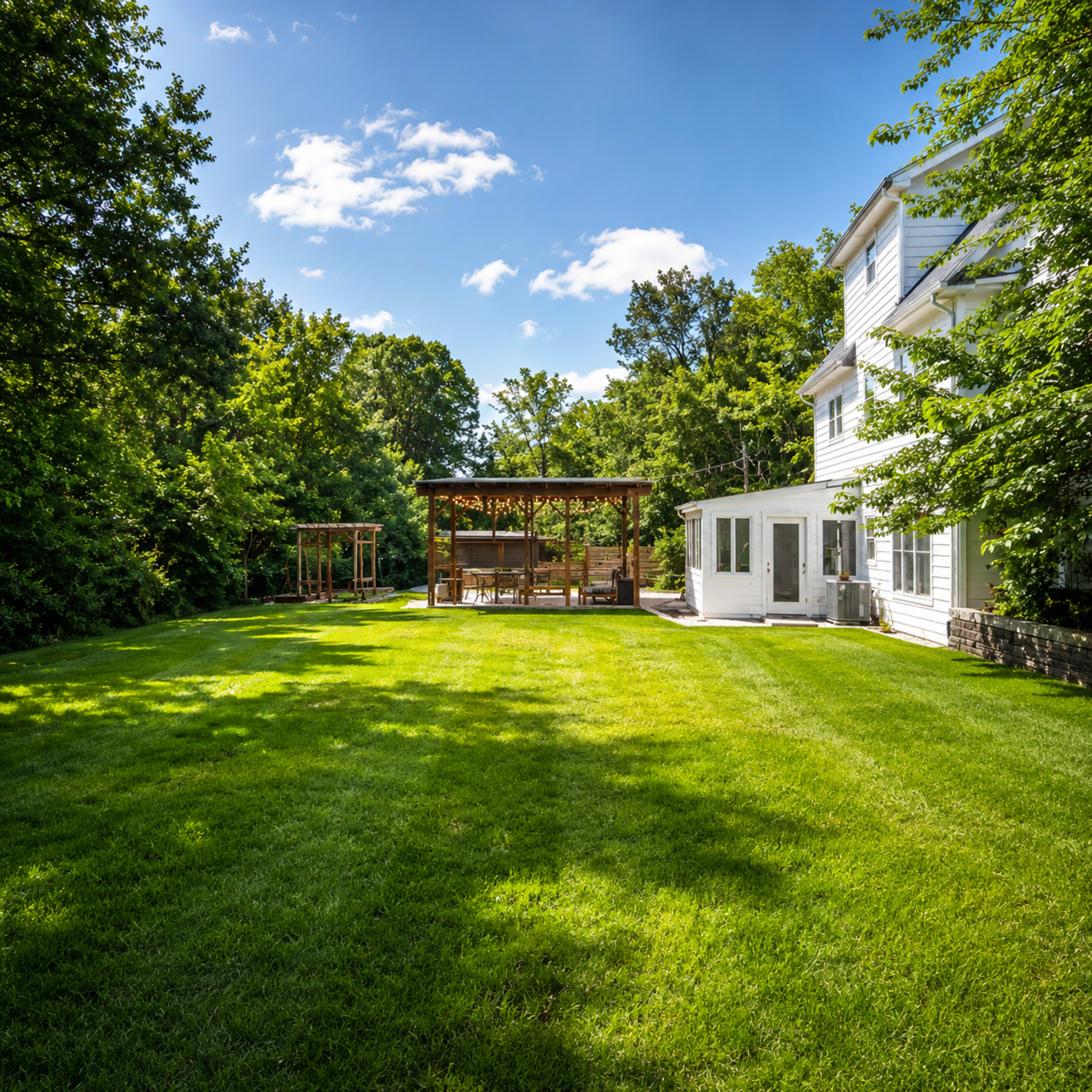 A spacious backyard features a well-maintained lawn, a wooden patio structure, and a white house surrounded by trees.