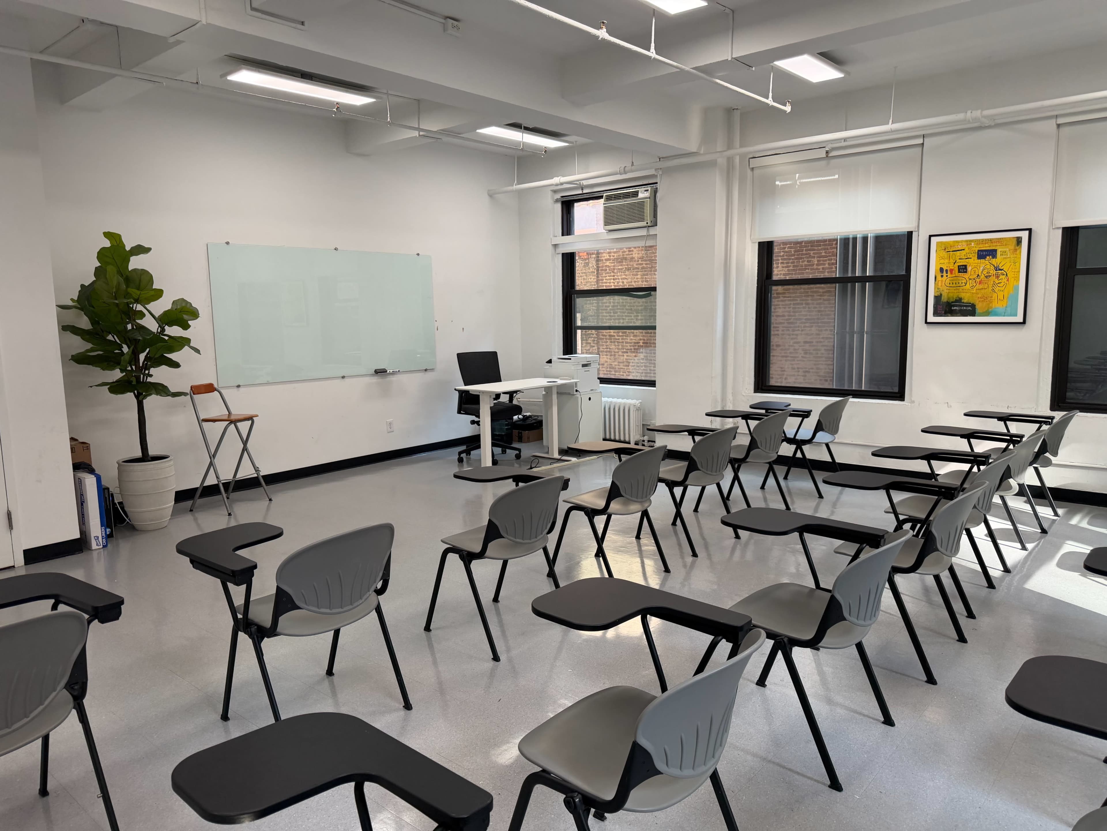 The image shows a classroom arranged with rows of empty chairs facing a whiteboard and a teacher's desk, with a potted plant in one corner.