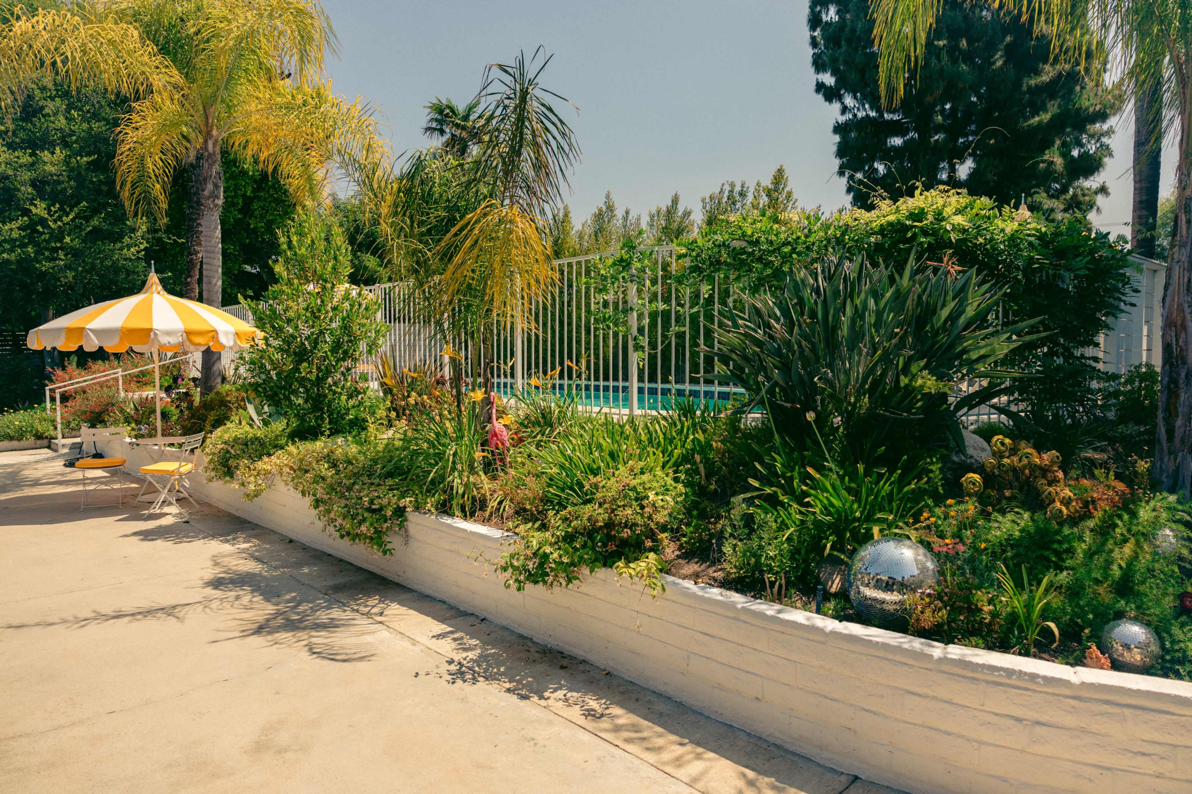 The scene features a landscaped garden with tropical plants and a striped yellow and white umbrella beside a swimming pool.