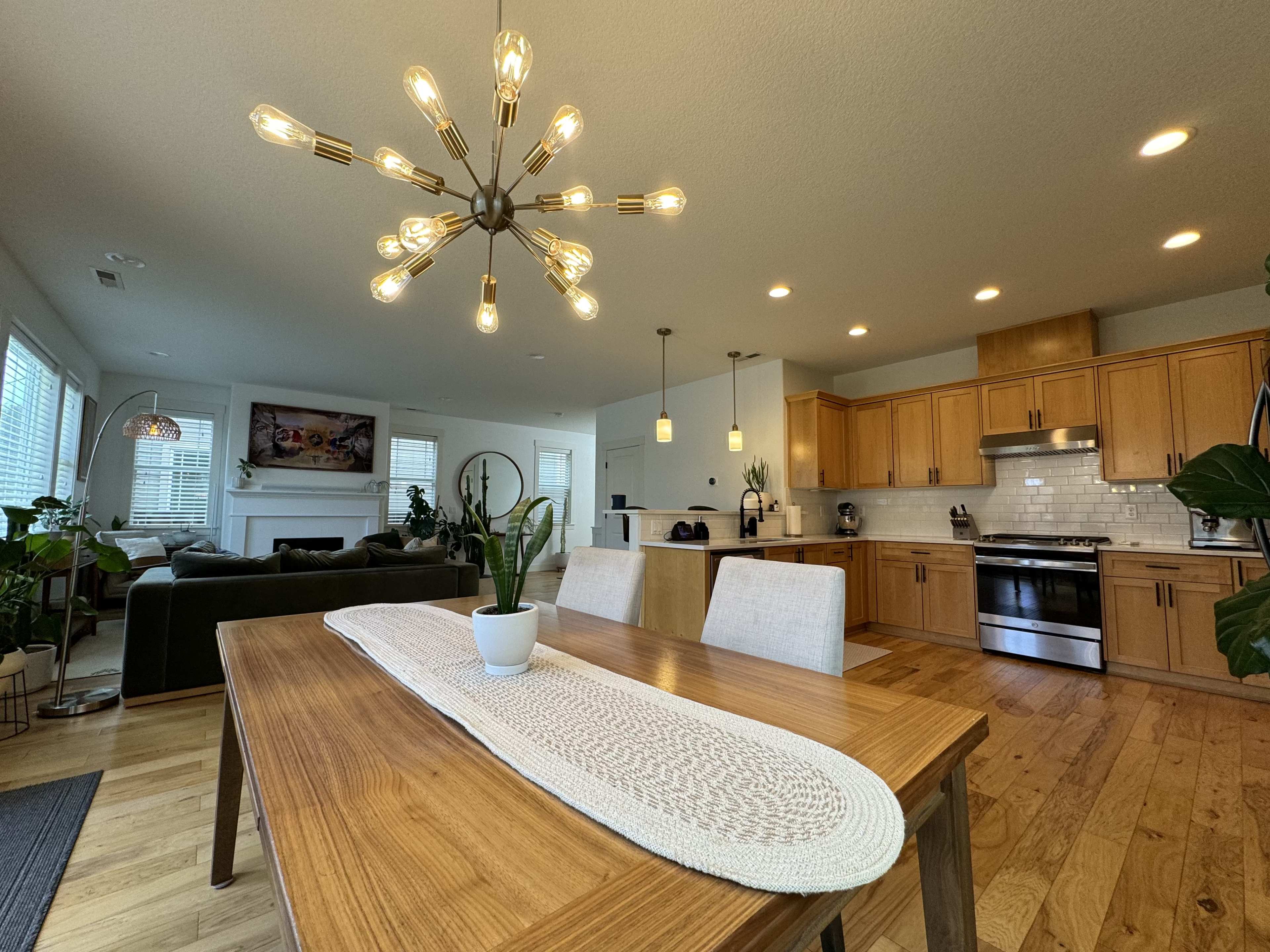 A modern dining area features a wooden table with a centerpiece plant, surrounded by two chairs, and is adjacent to a kitchen and a cozy living room.