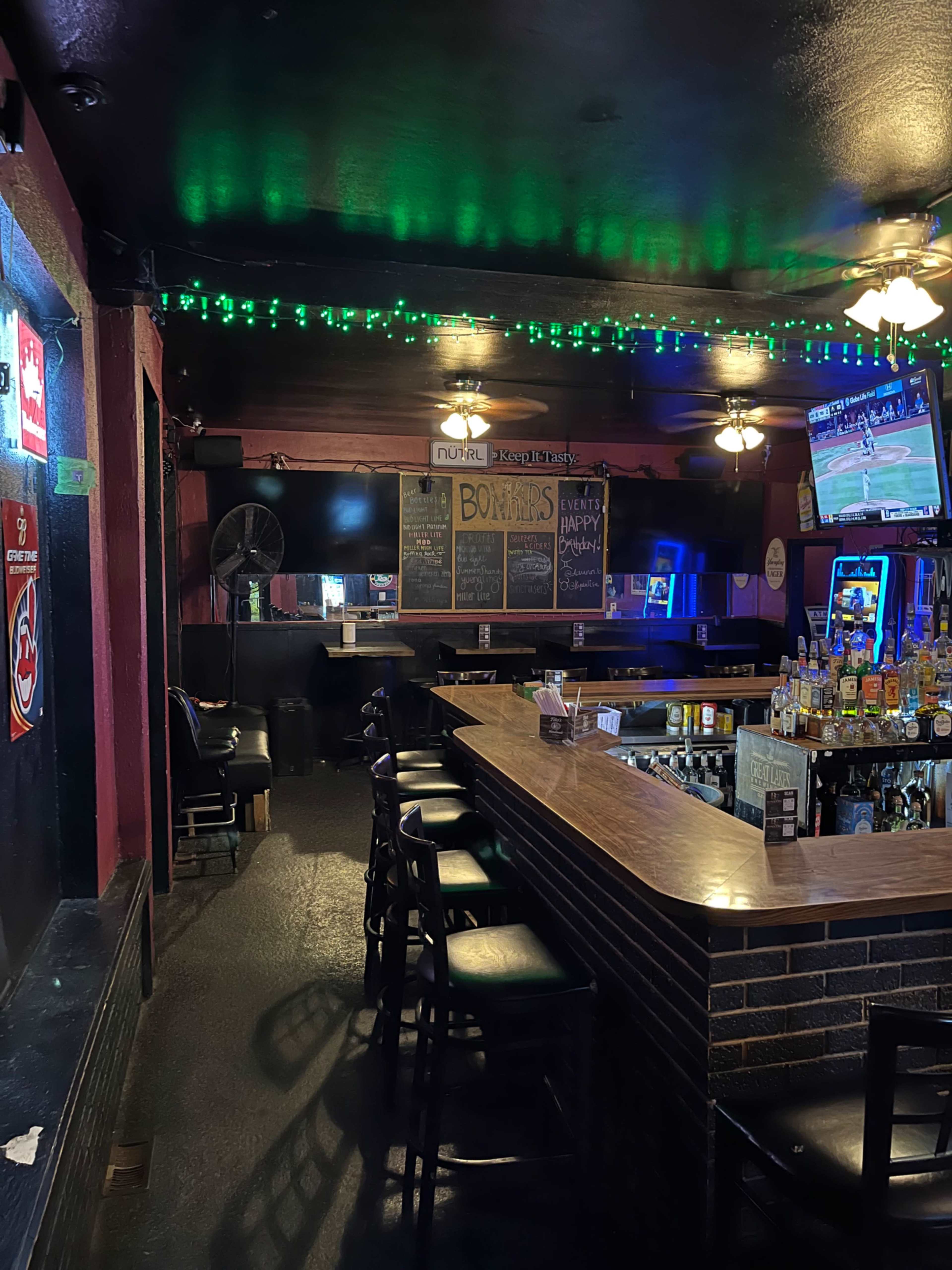 The image shows a dimly lit bar with a long wooden counter, stools arranged along the bar, and green string lights hanging from the ceiling.