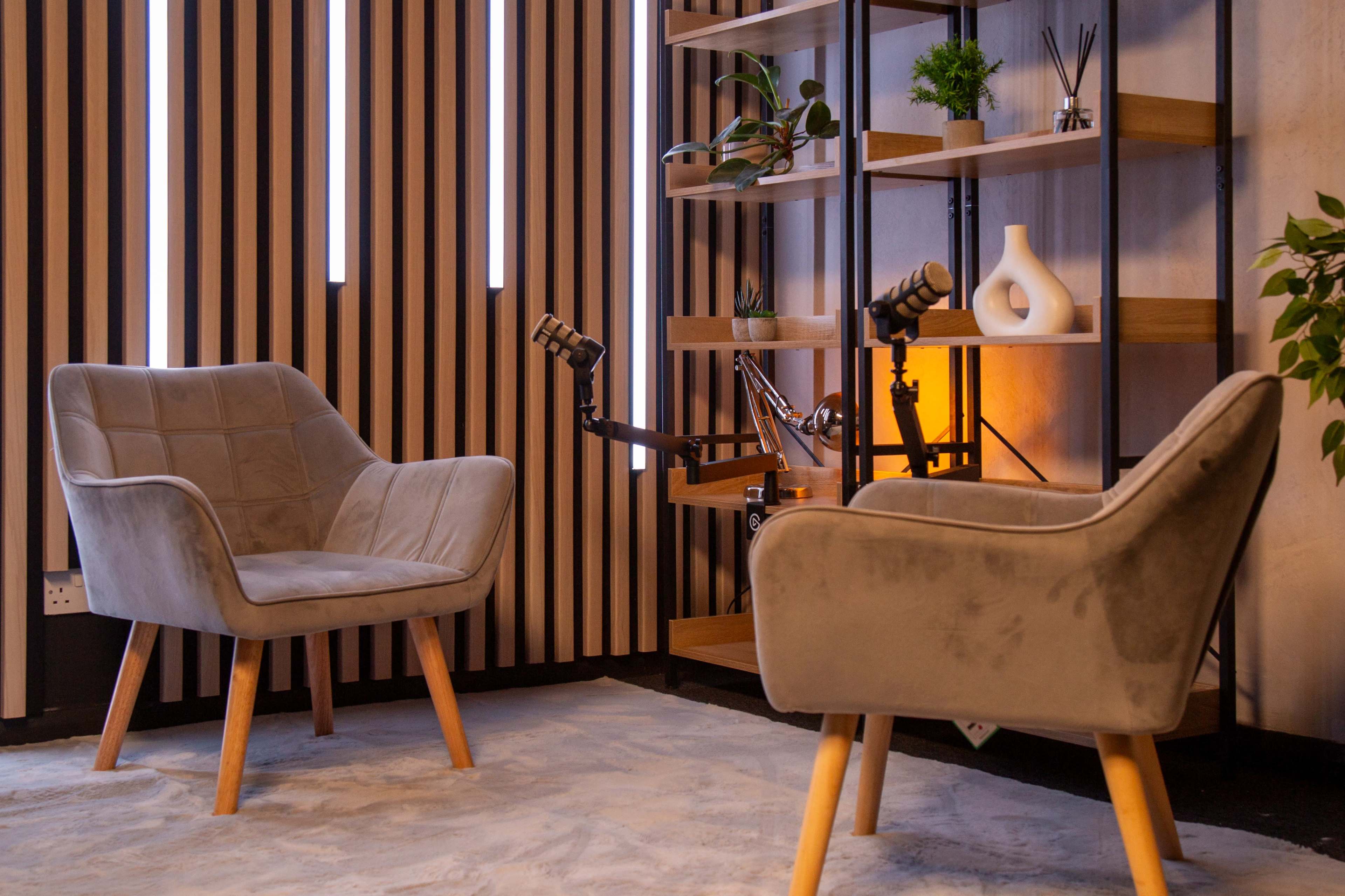 The image shows a cozy room with two gray armchairs facing each other, a wooden shelving unit with decorative plants, and accent lighting along the walls.