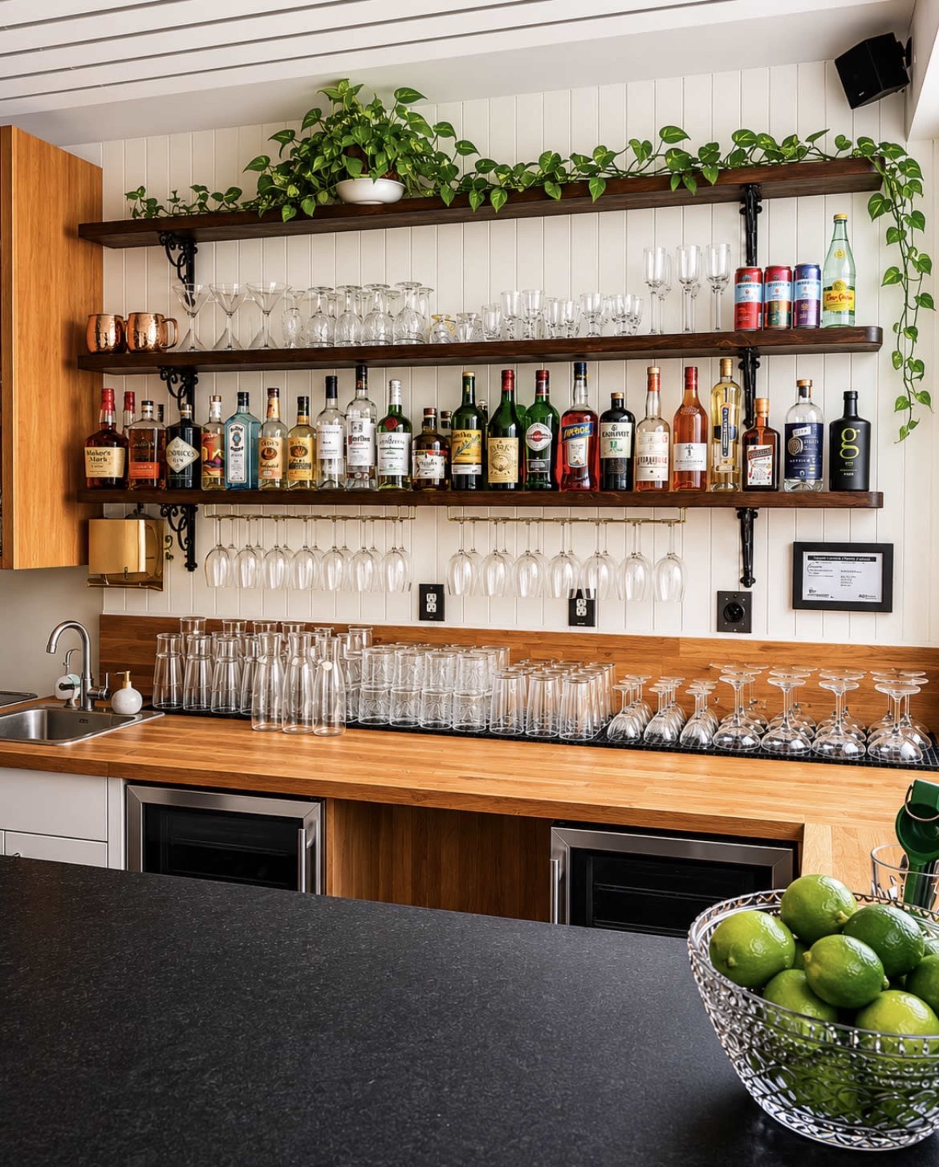 A well-organized home bar features multiple shelves holding a variety of liquor bottles and glassware against a backdrop of wooden cabinetry and plants.