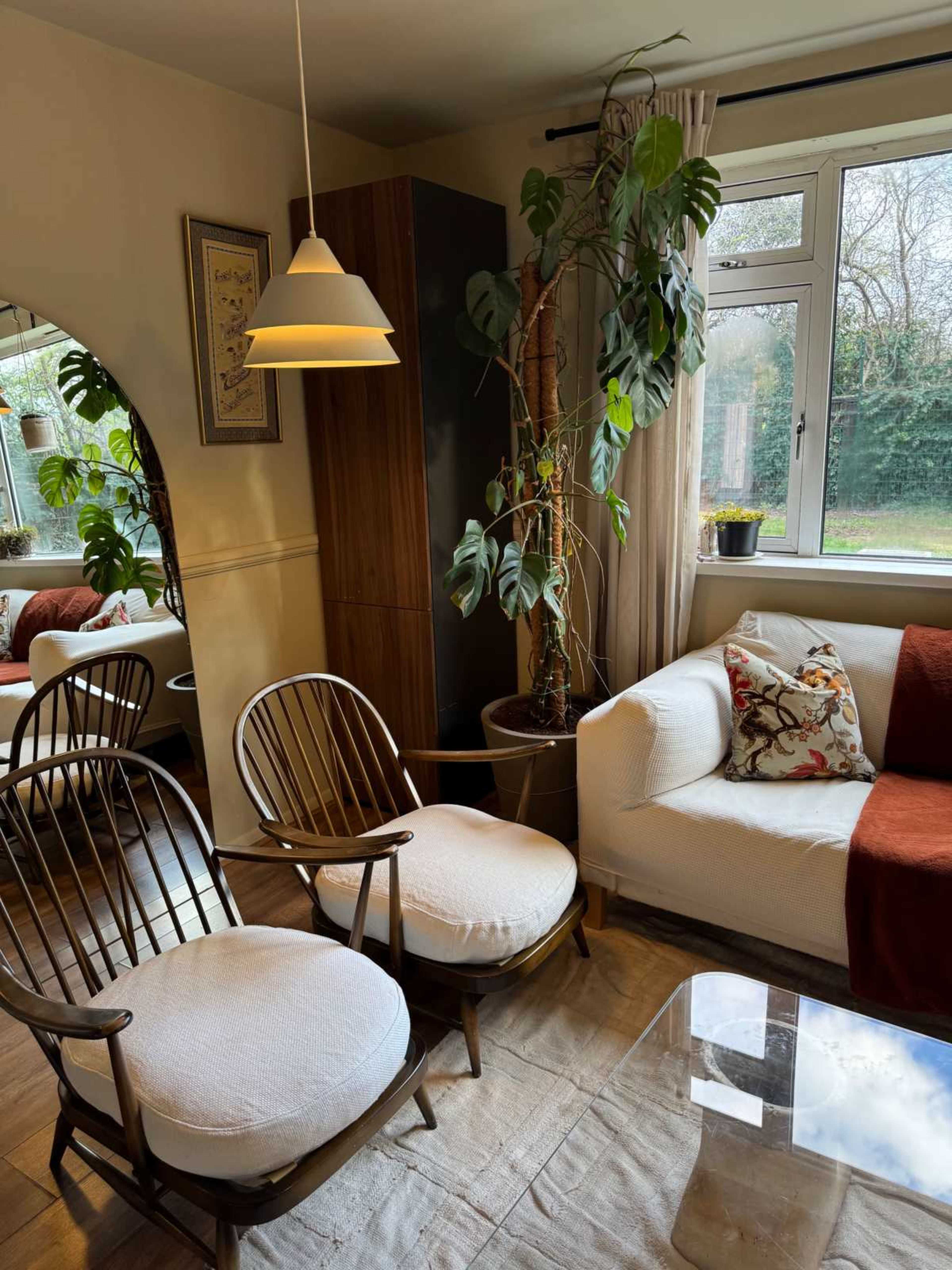 The image shows a cozy living room with a white sofa, two wooden chairs, a glass table, and a large plant near the window, illuminated by a pendant light.