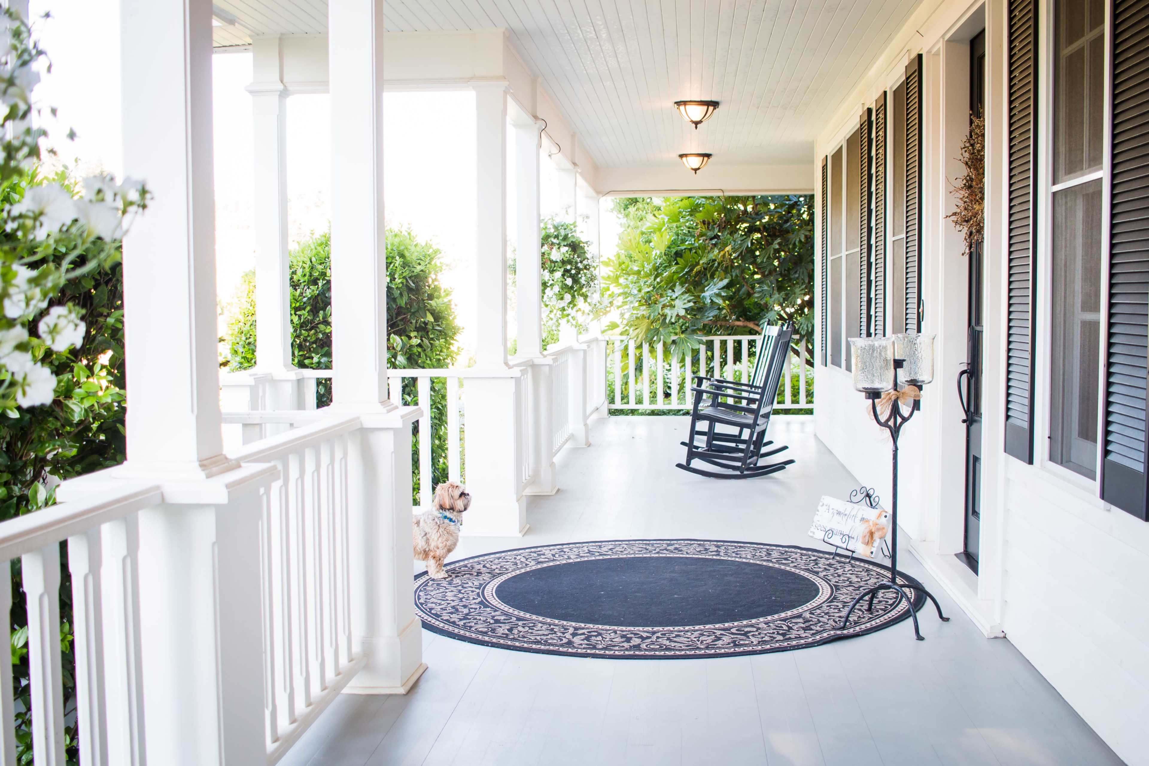 A porch with a rocking chair, a decorative rug, a lamp, and a small dog standing near the railing.