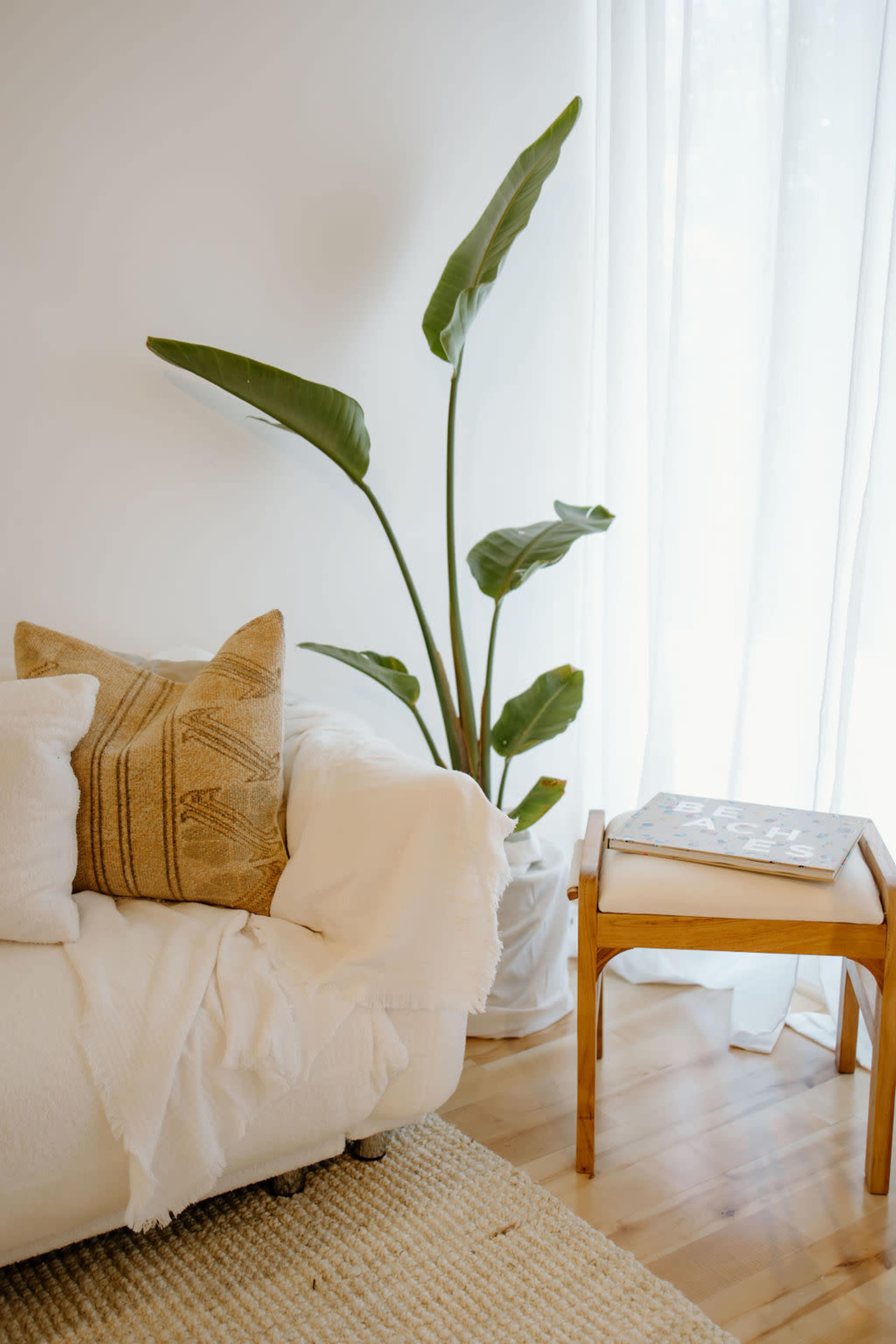 A light-colored sofa with a patterned cushion is positioned beside a potted plant and a wooden side table with a decorative magazine on it, illuminated by natural light from a nearby window.