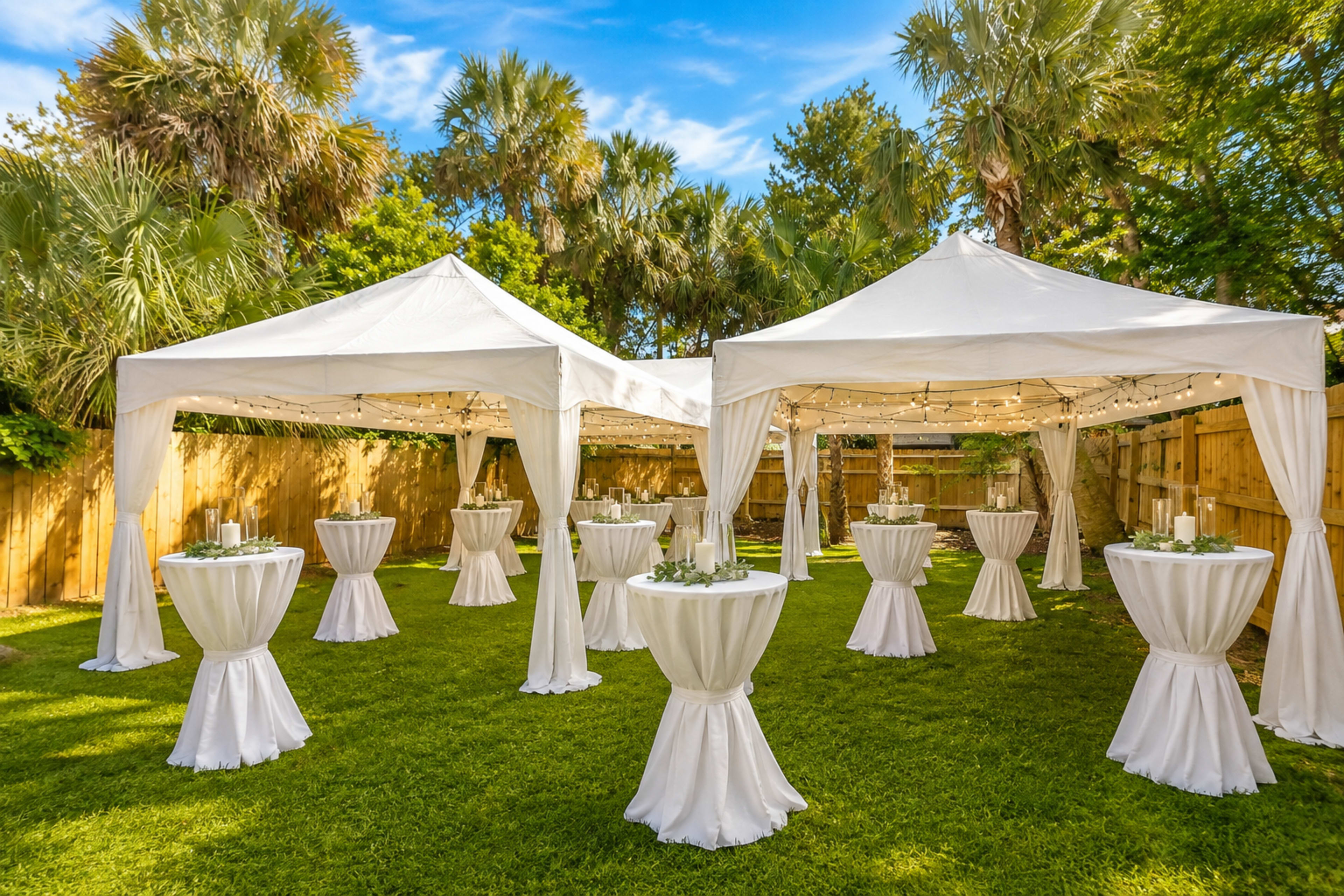 The image shows a landscaped outdoor area with two white tents and several tables draped in white fabric, surrounded by palm trees and greenery.