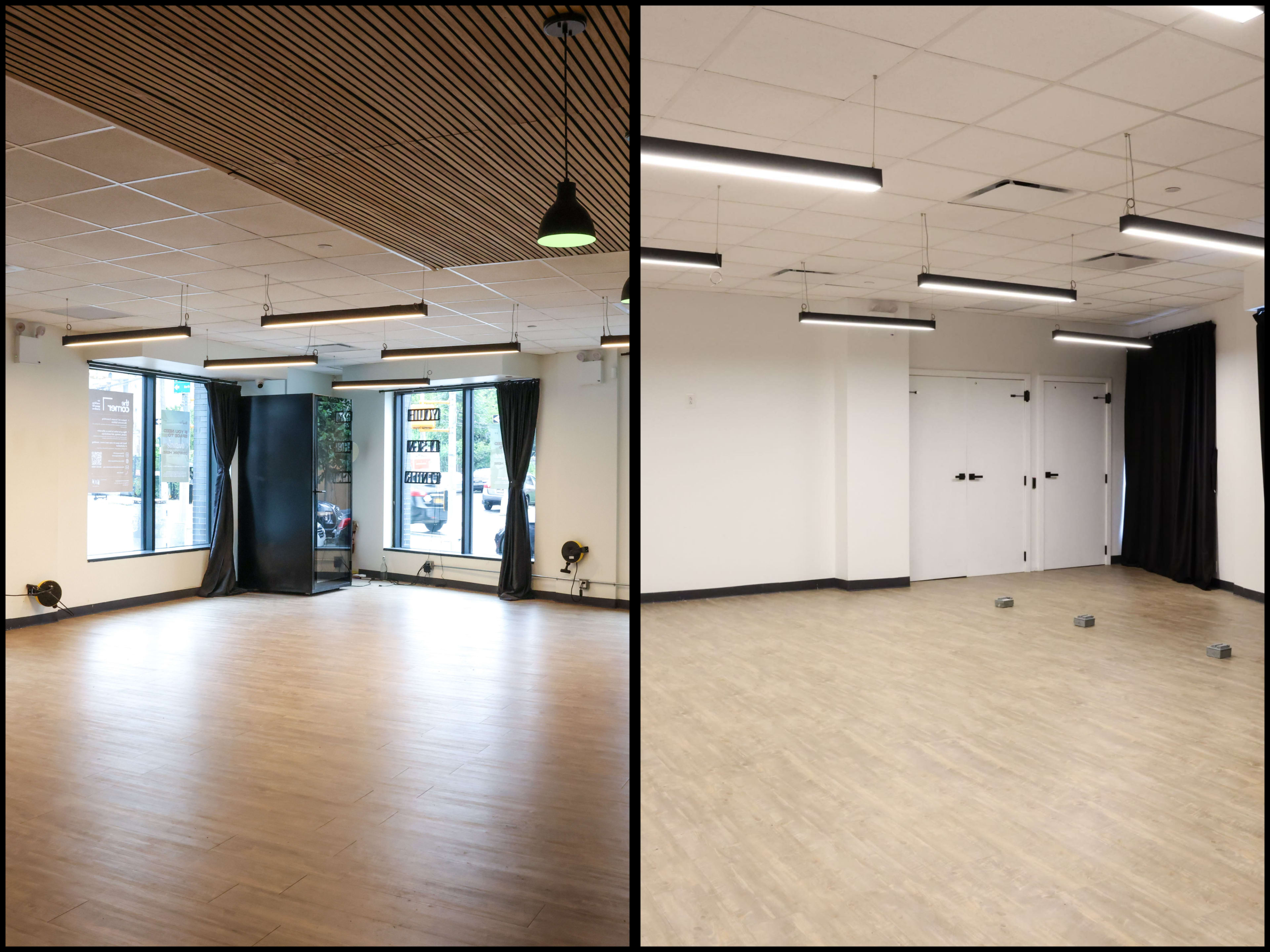 The image shows two similar rooms, one with wooden flooring and bright lighting, and large windows, while the other features a lighter tiled floor and a more minimalist design with closed doors.