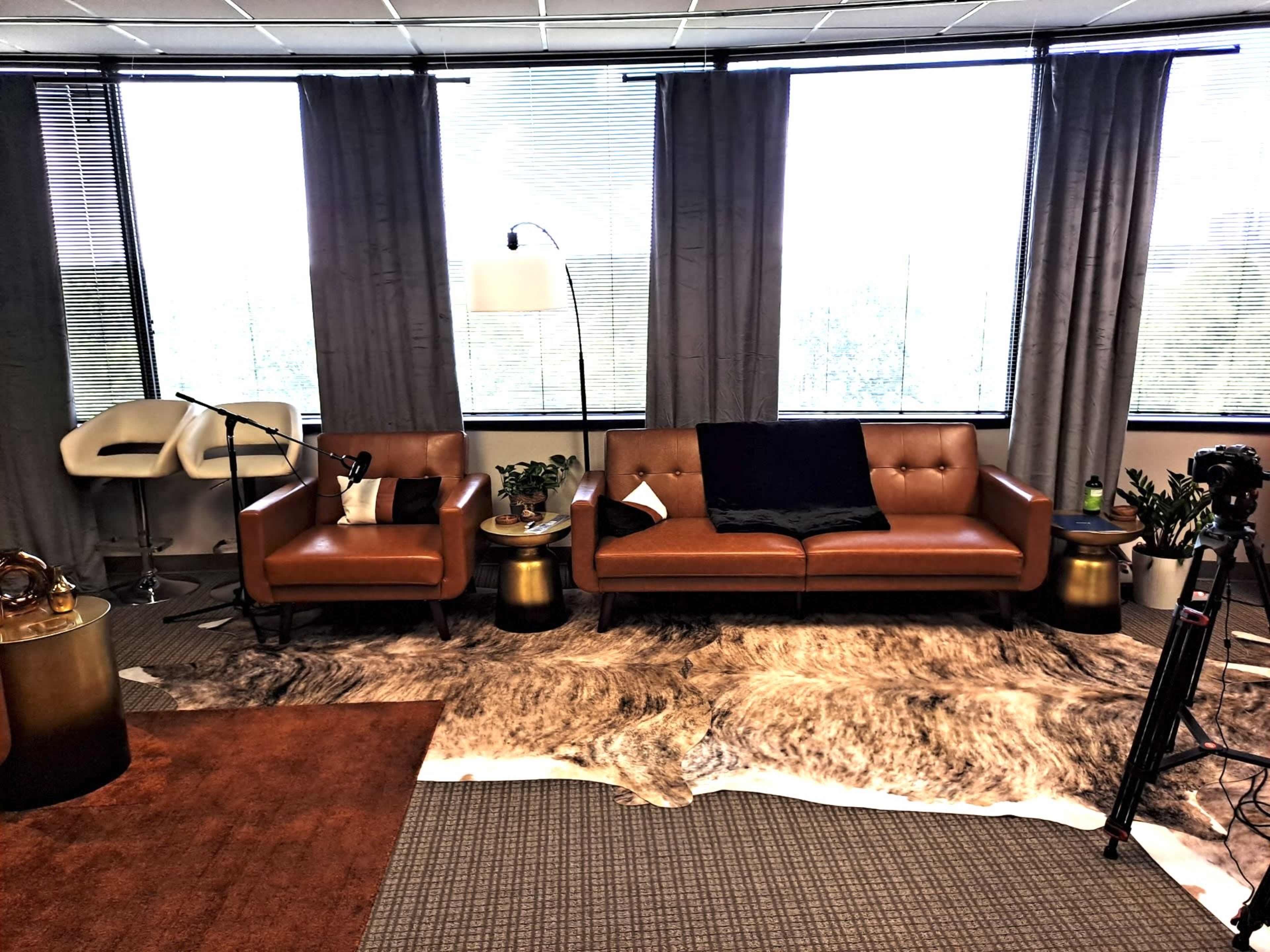 A modern office interior with two brown leather sofas, a standing lamp, and decorative plants near large windows with sheer curtains.