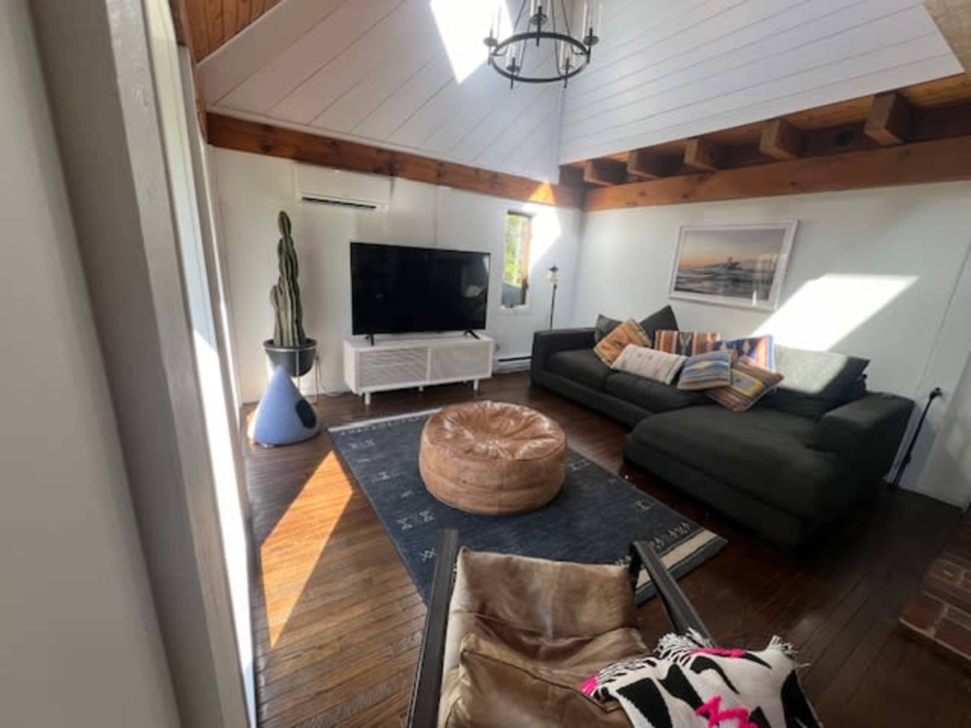 The living room features a large sectional sofa, a round coffee table, a television mounted on the wall, and a cactus in a pot, all illuminated by natural light from the windows.