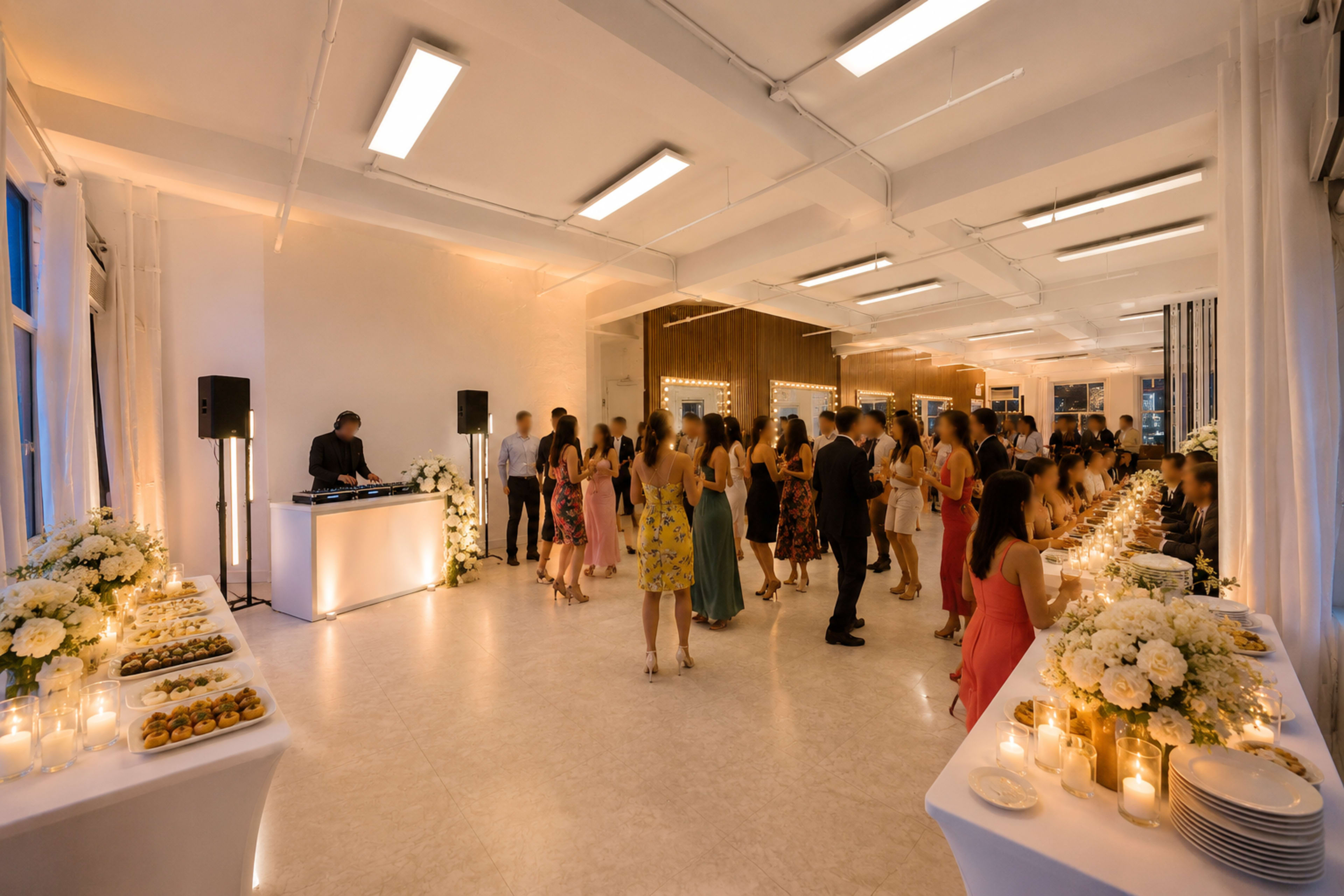 A spacious indoor venue is filled with guests dancing and gathered around tables adorned with flowers and candles, while a DJ plays music in the corner.