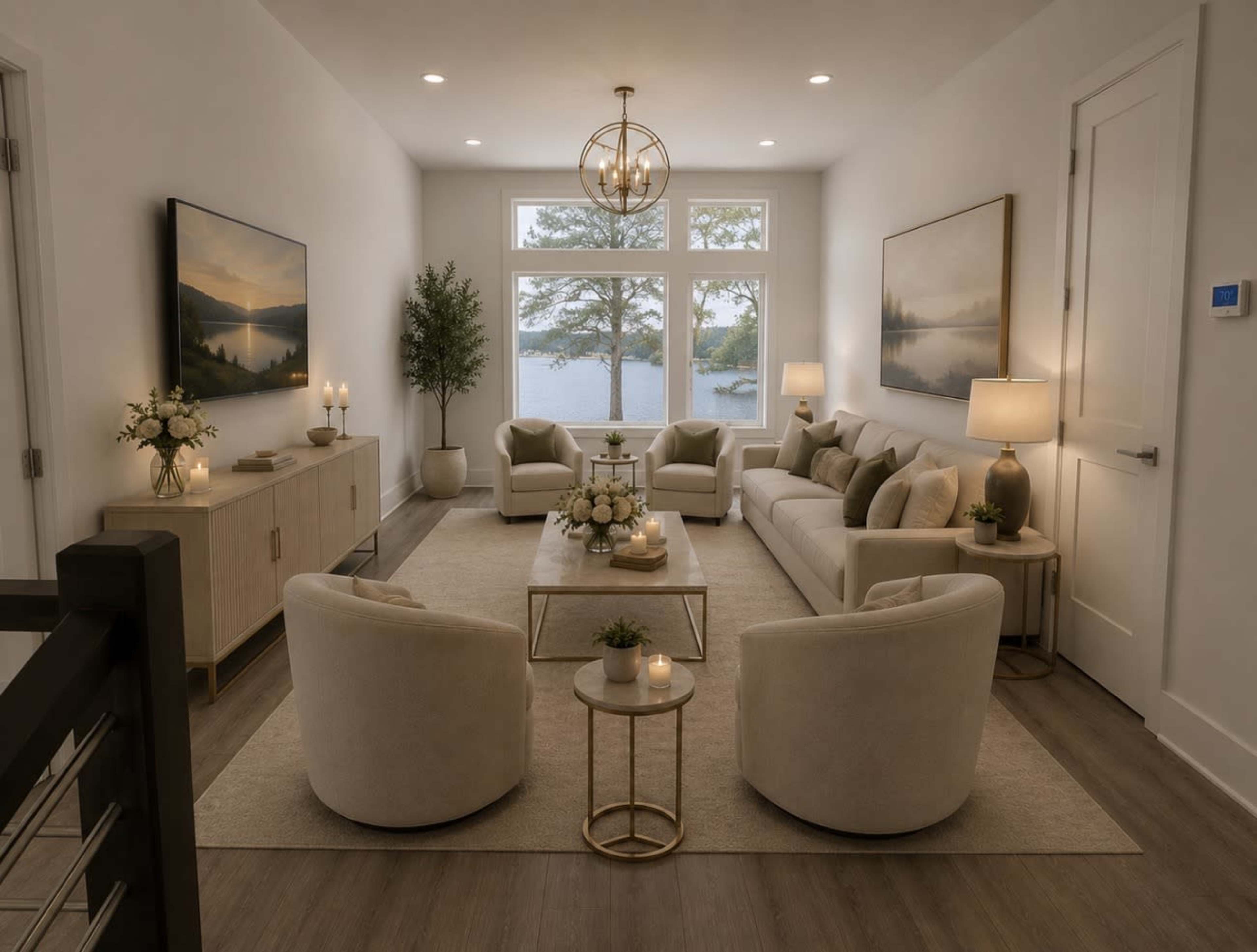 A modern living room features a light color palette with a large window overlooking a lake, furnished with cozy sofas, armchairs, and decorative accents.