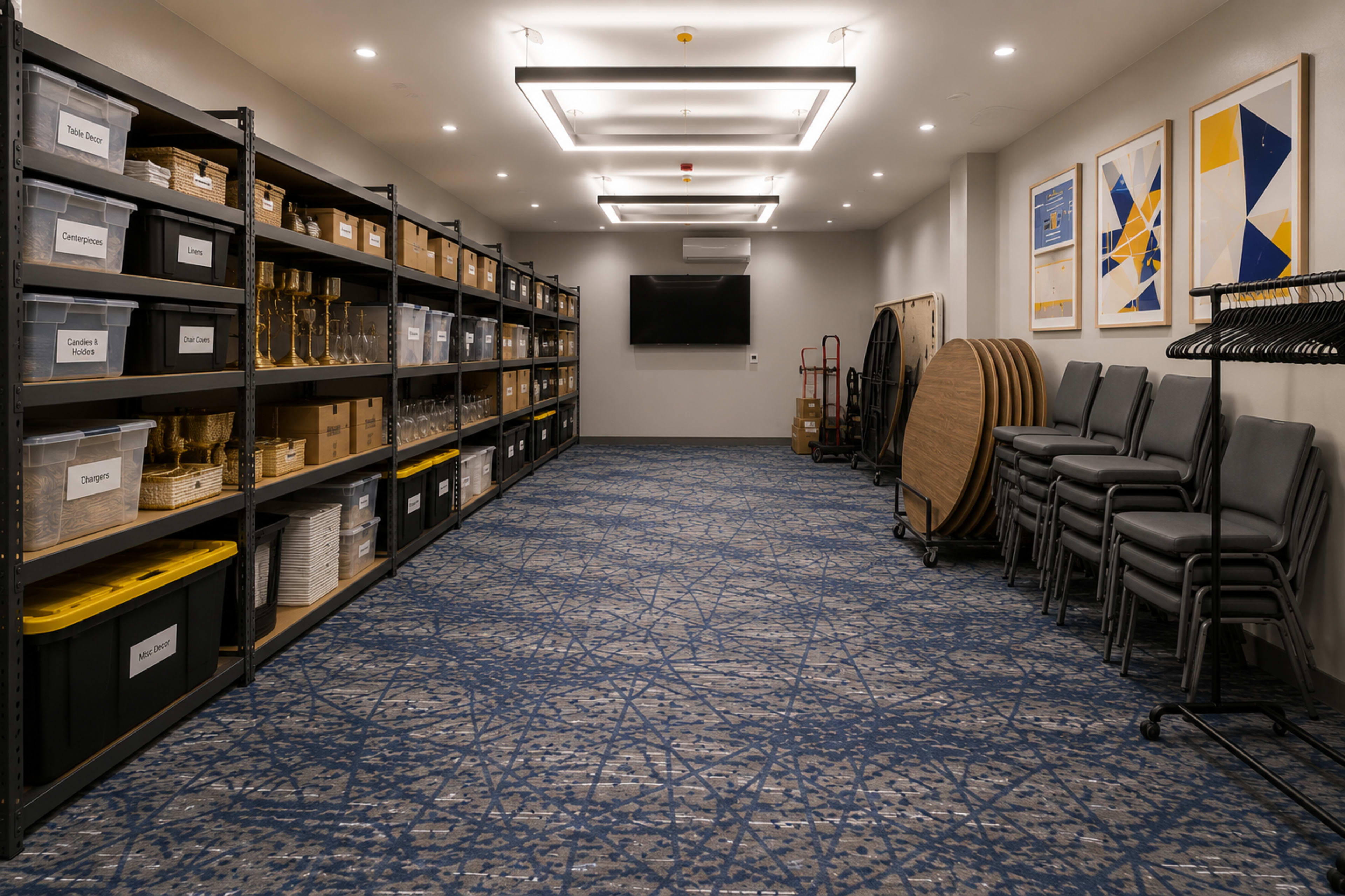 The image shows a storage room with shelves filled with labeled boxes, a TV on the wall, and stacked folding chairs and tables arranged along the side.