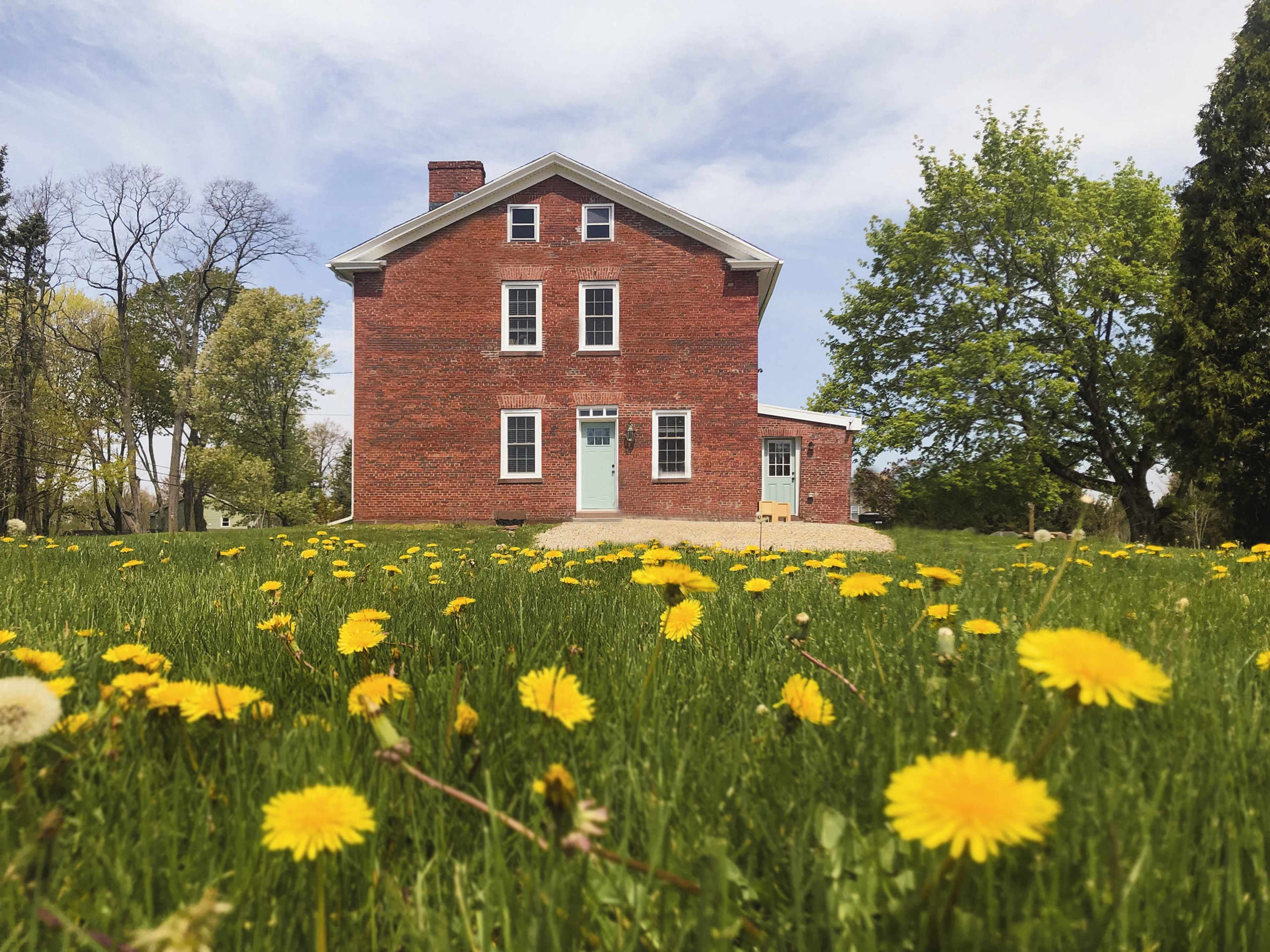 A red brick house with white trim stands in a field of yellow dandelions under a partly cloudy sky.