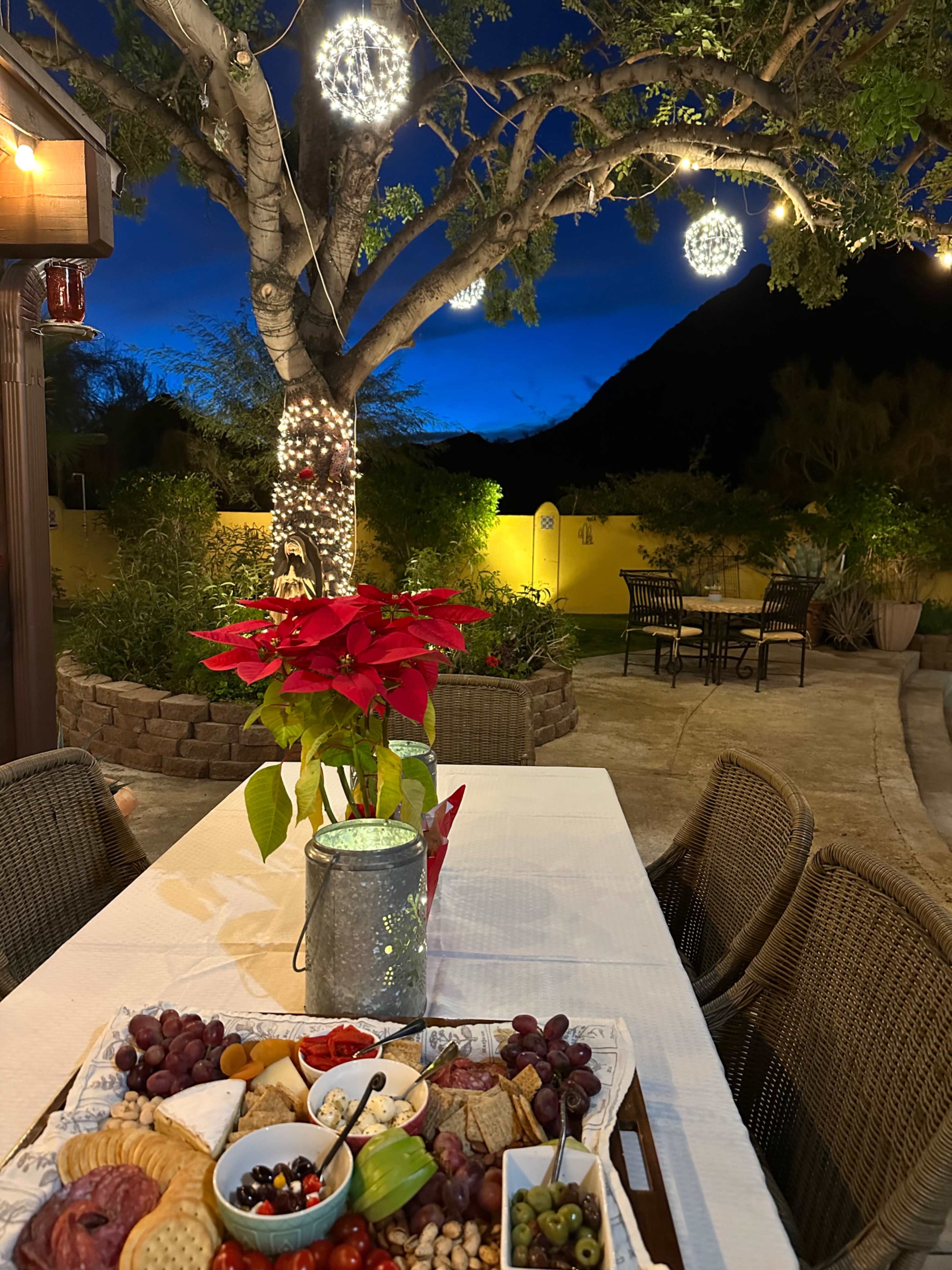 A table set with a variety of cheeses, fruits, and nuts is placed under a tree decorated with lights, with a mountain backdrop and a twilight sky.